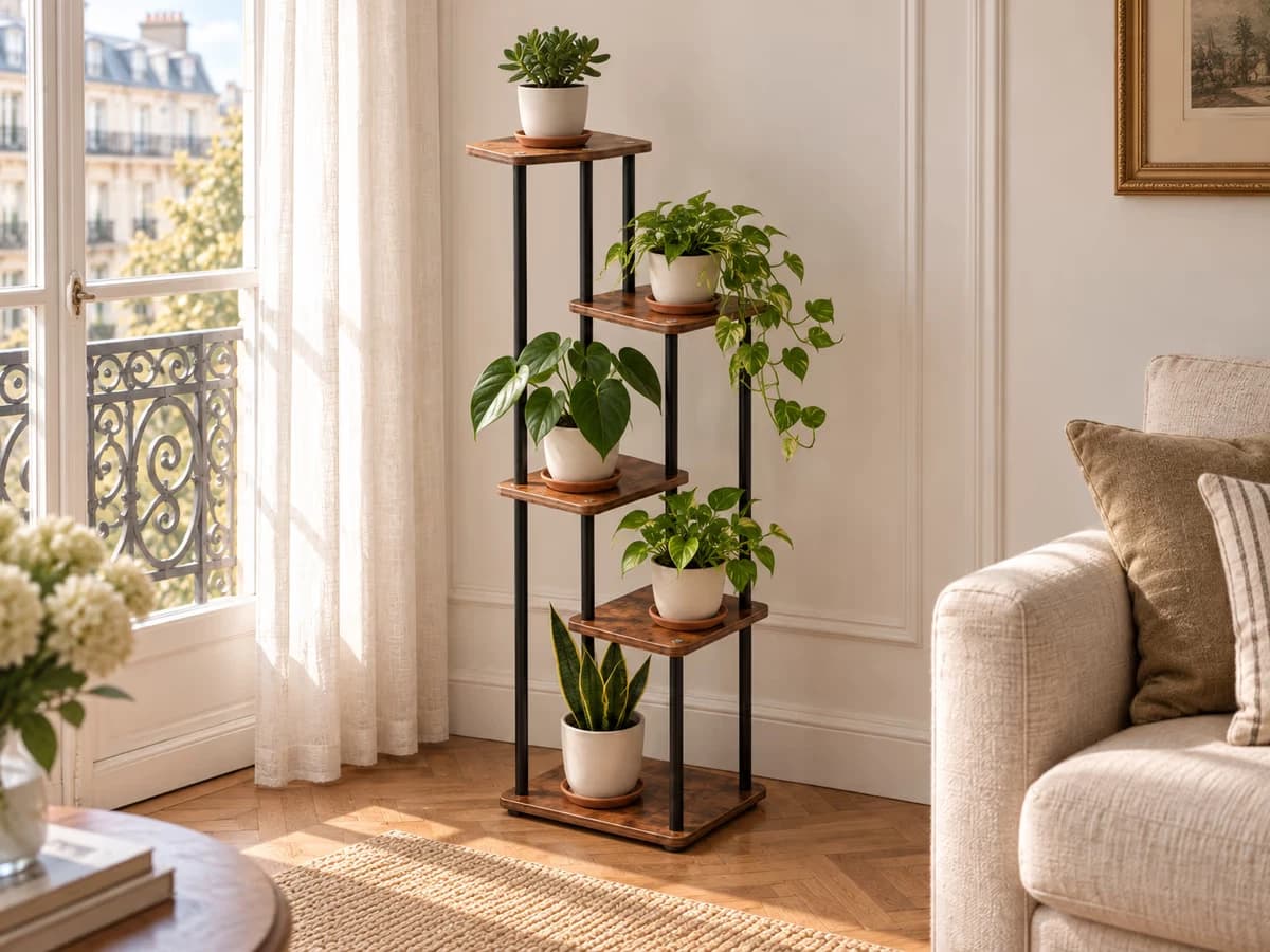 Étagère à plantes à cinq plateaux décalés en panneau de bois brun roux posée contre un mur, près d'une fenêtre de salon