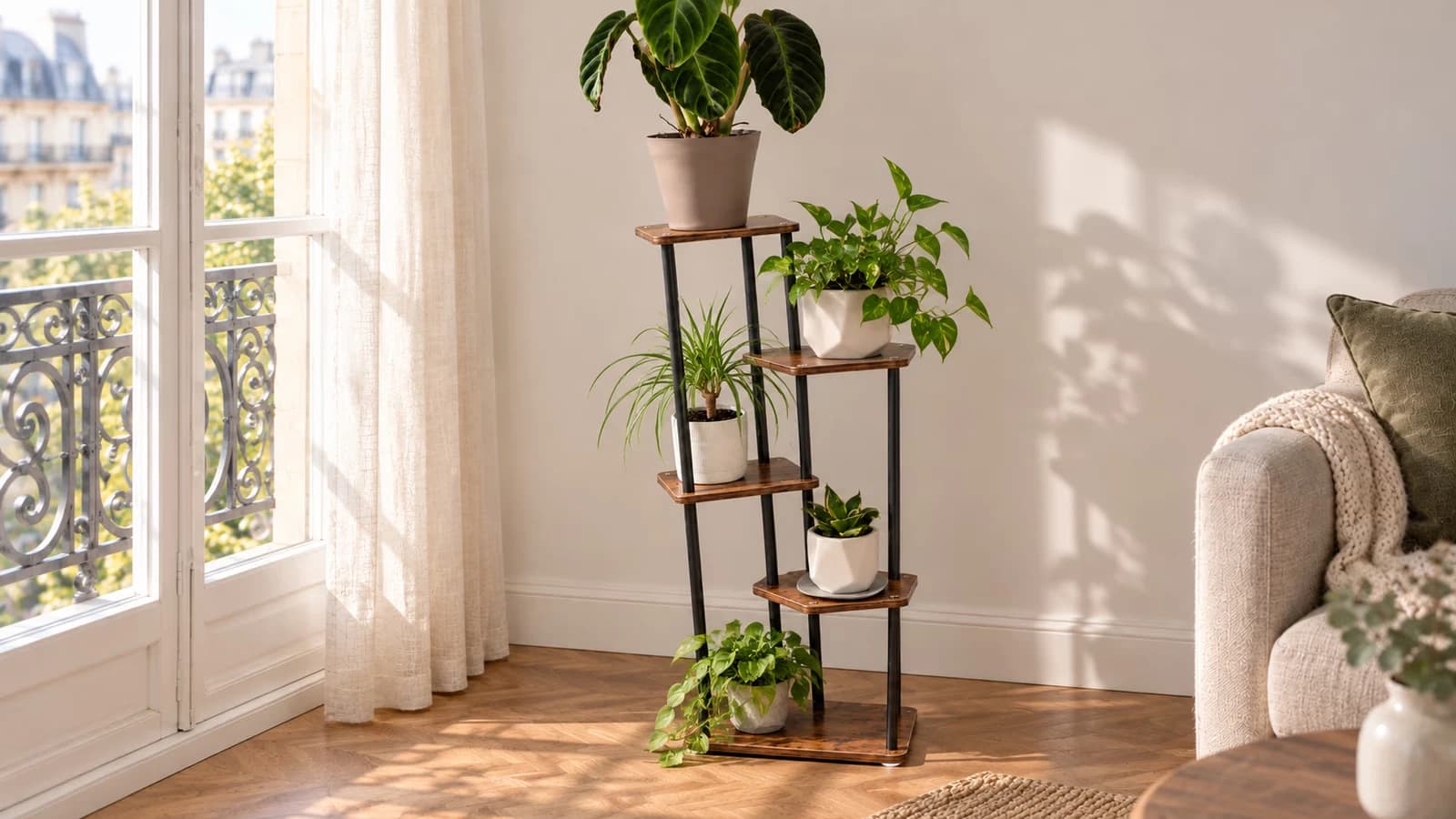 Étagère à plantes à niveaux décalés légèrement inclinée dans un coin de salon, près d'une fenêtre