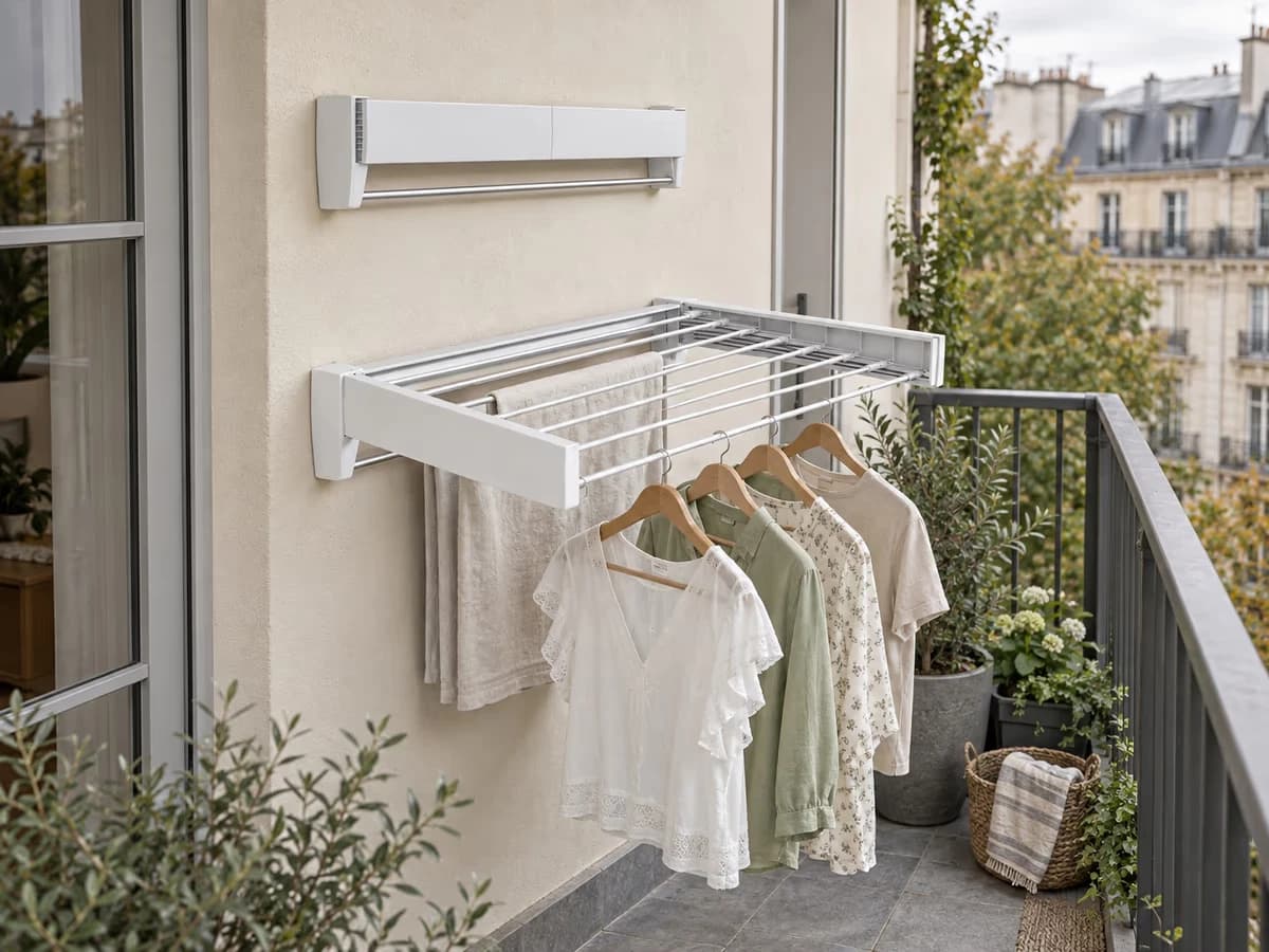Deux étendoirs muraux escamotables sur le mur d'un balcon parisien, l'un déployé sous du linge, l'autre replié au-dessus