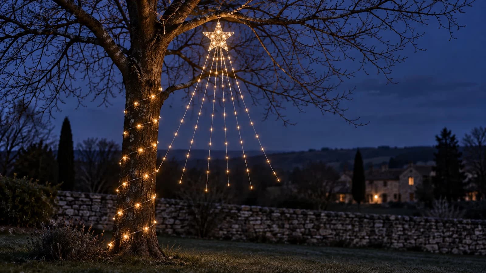 Arbre nu de décembre à la nuit tombée, étoile lumineuse solaire suspendue au-dessus de la couronne et guirlande à fil fin enroulée en spirale autour du tronc, points blanc chaud