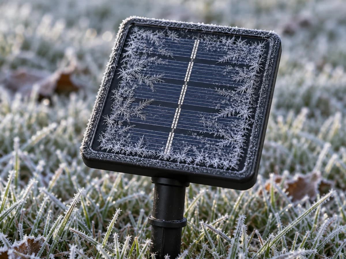 Givre déposé sur la vitre du petit panneau solaire d'une étoile lumineuse, un matin de décembre