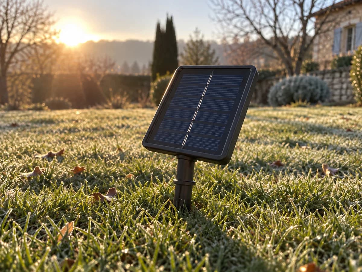 Petit panneau solaire sur son piquet dans une pelouse, face au soleil bas de décembre qui allonge les ombres derrière lui