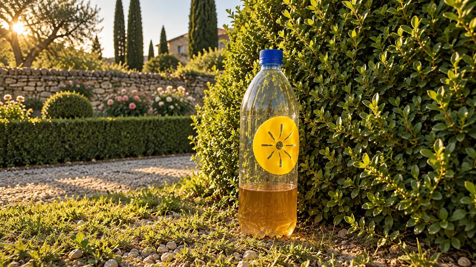 Bouteille plastique transparente équipée d'une pièce jaune sur la paroi, posée contre une haie taillée en fin de journée