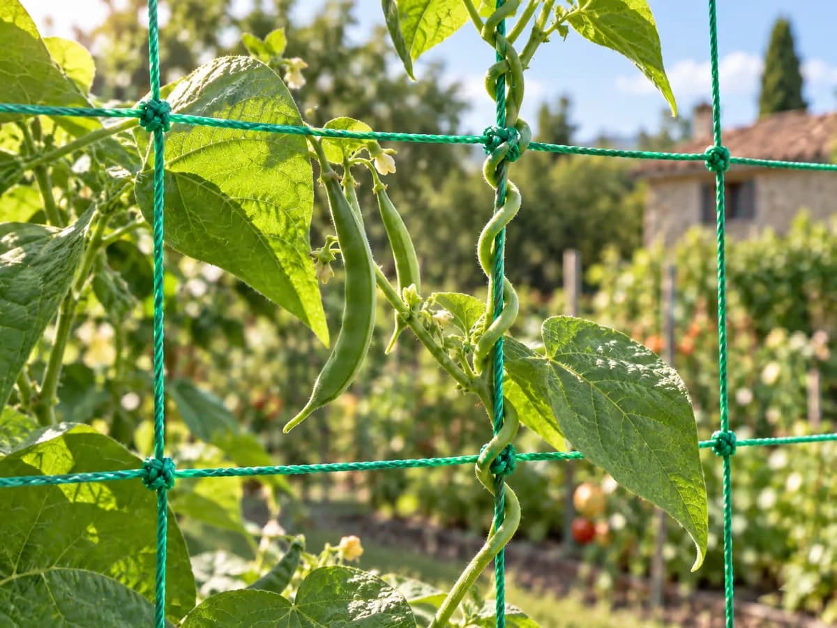 Filet à ramer vert tendu au potager, tiges de haricots à rames enroulées autour des cordons