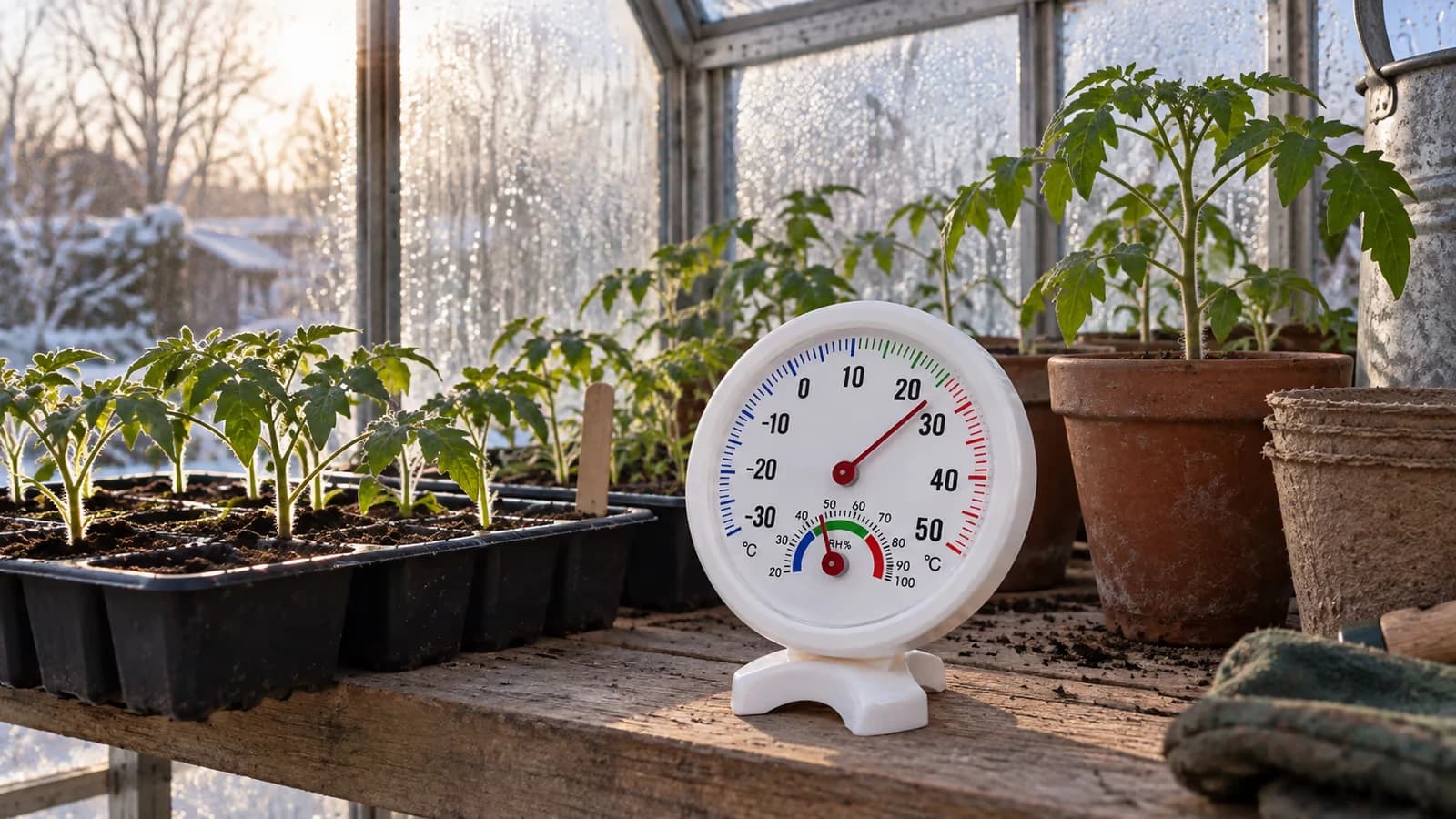 Cadran à aiguille blanc posé sur une tablette de bois dans une serre froide, godets de plants de tomates et vitrage embué derrière