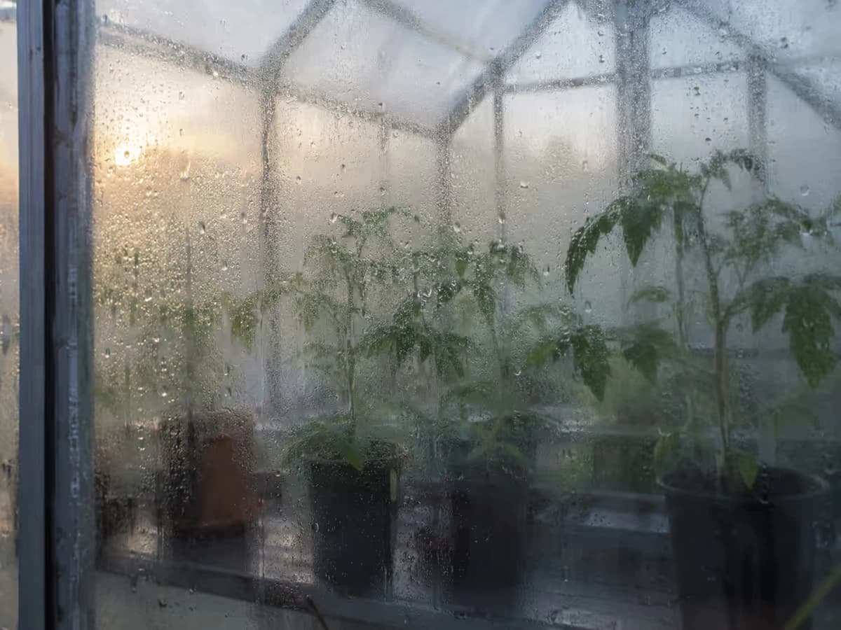 Vitrage embué vu de l'intérieur d'une serre froide au matin, silhouettes de plants de tomates en godets derrière la buée
