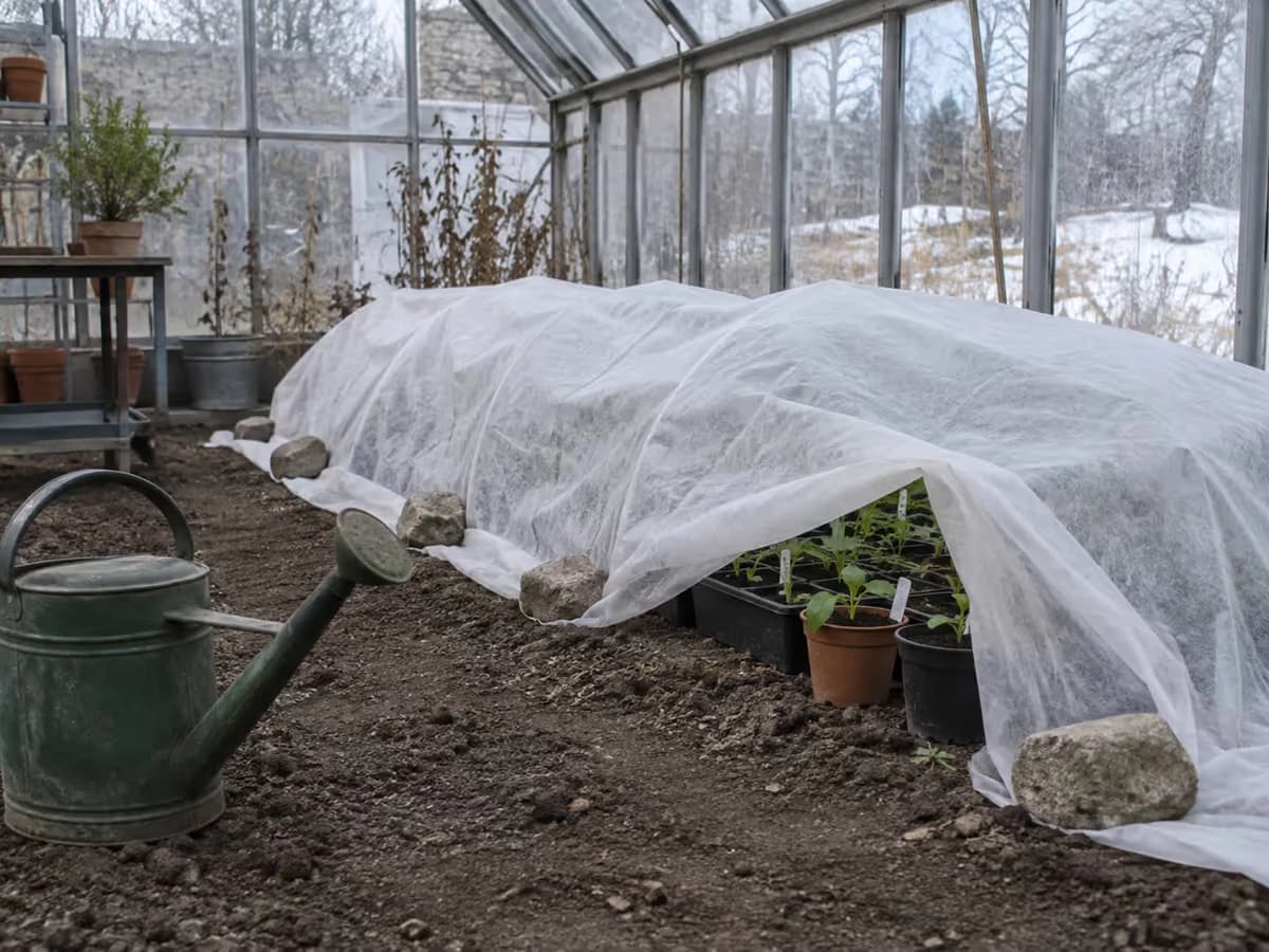 Voile d'hivernage blanc tendu sur une rangée de godets dans une serre froide, terre nue et arrosoir au premier plan