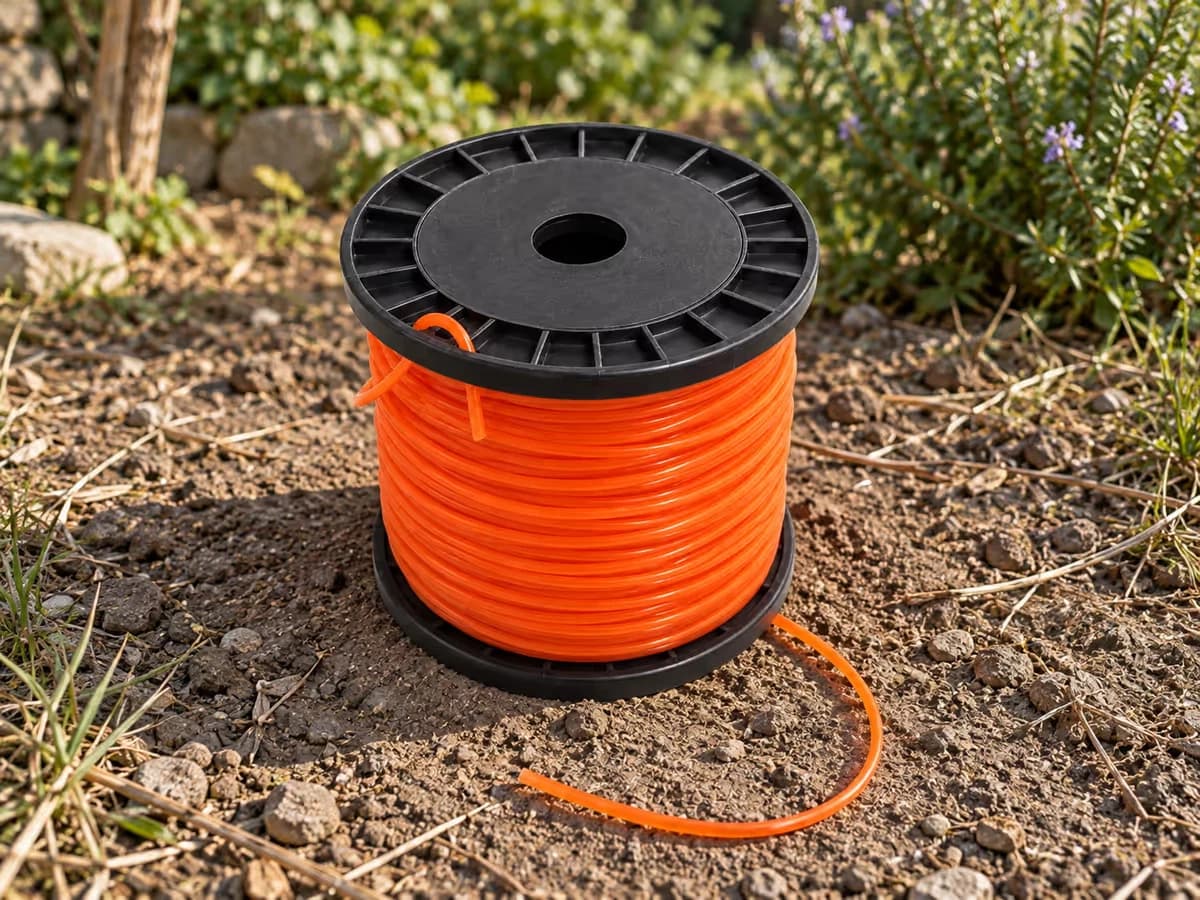 Bobine de fil de coupe orange à flasques noires crantées posée sur de la terre sèche, un brin déroulé sur quelques dizaines de centimètres