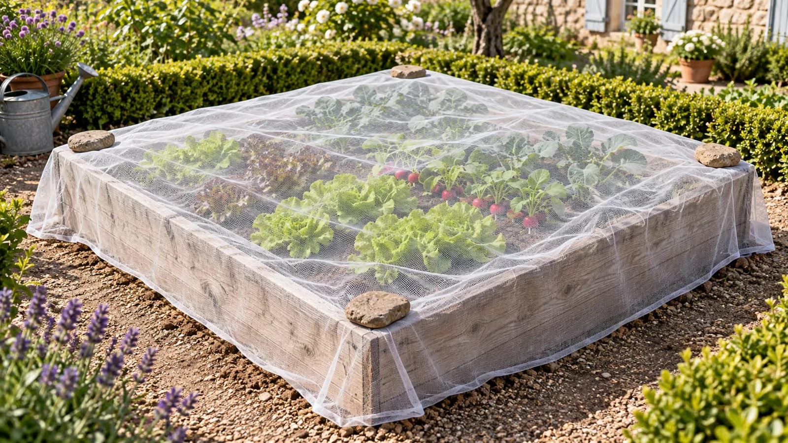 Filet blanc à maille fine posé à plat sur un carré potager en bois, plein soleil