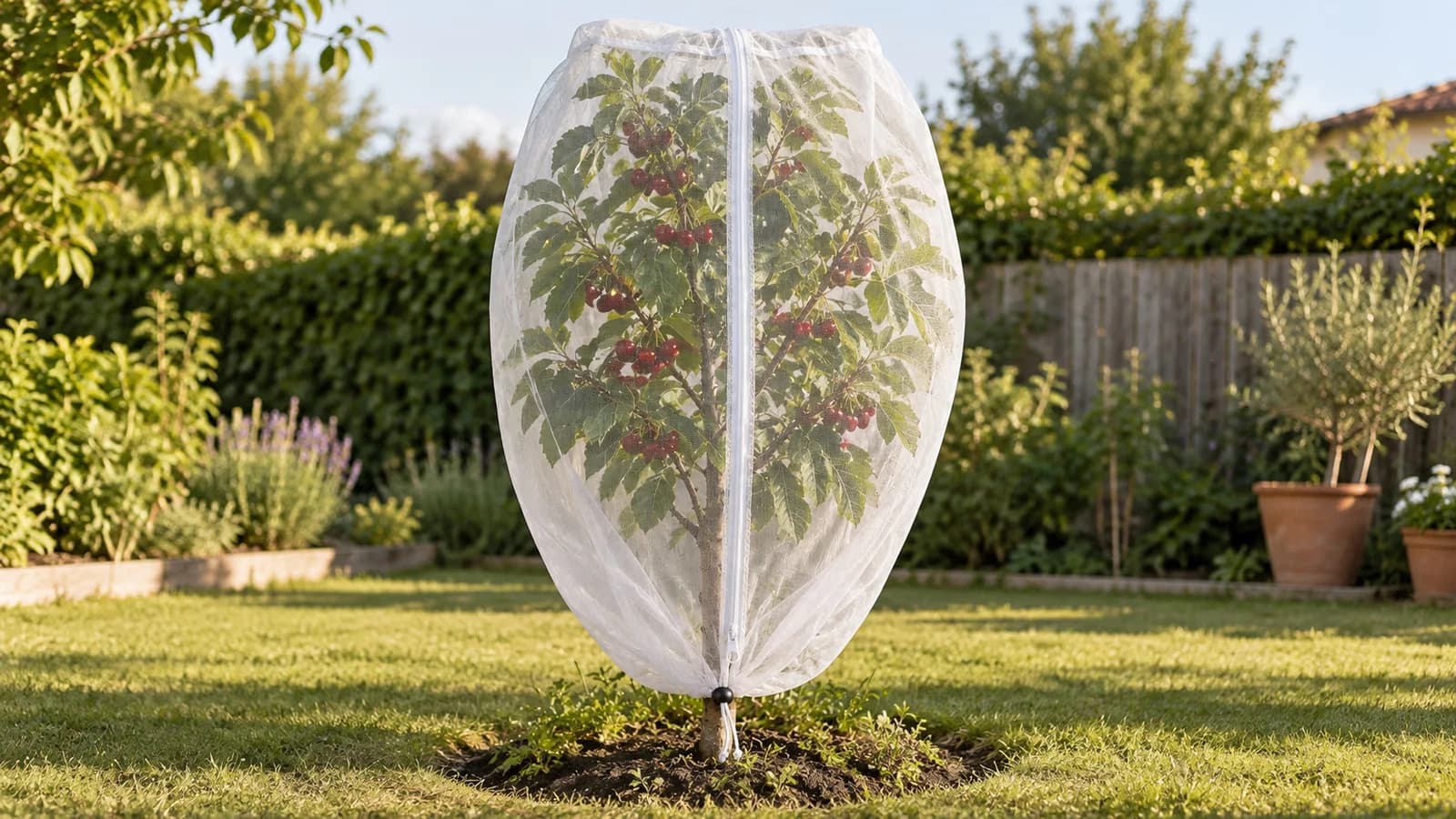 Housse en filet blanc enveloppant un cerisier chargé de fruits mûrs, jardin lumineux en fin de journée