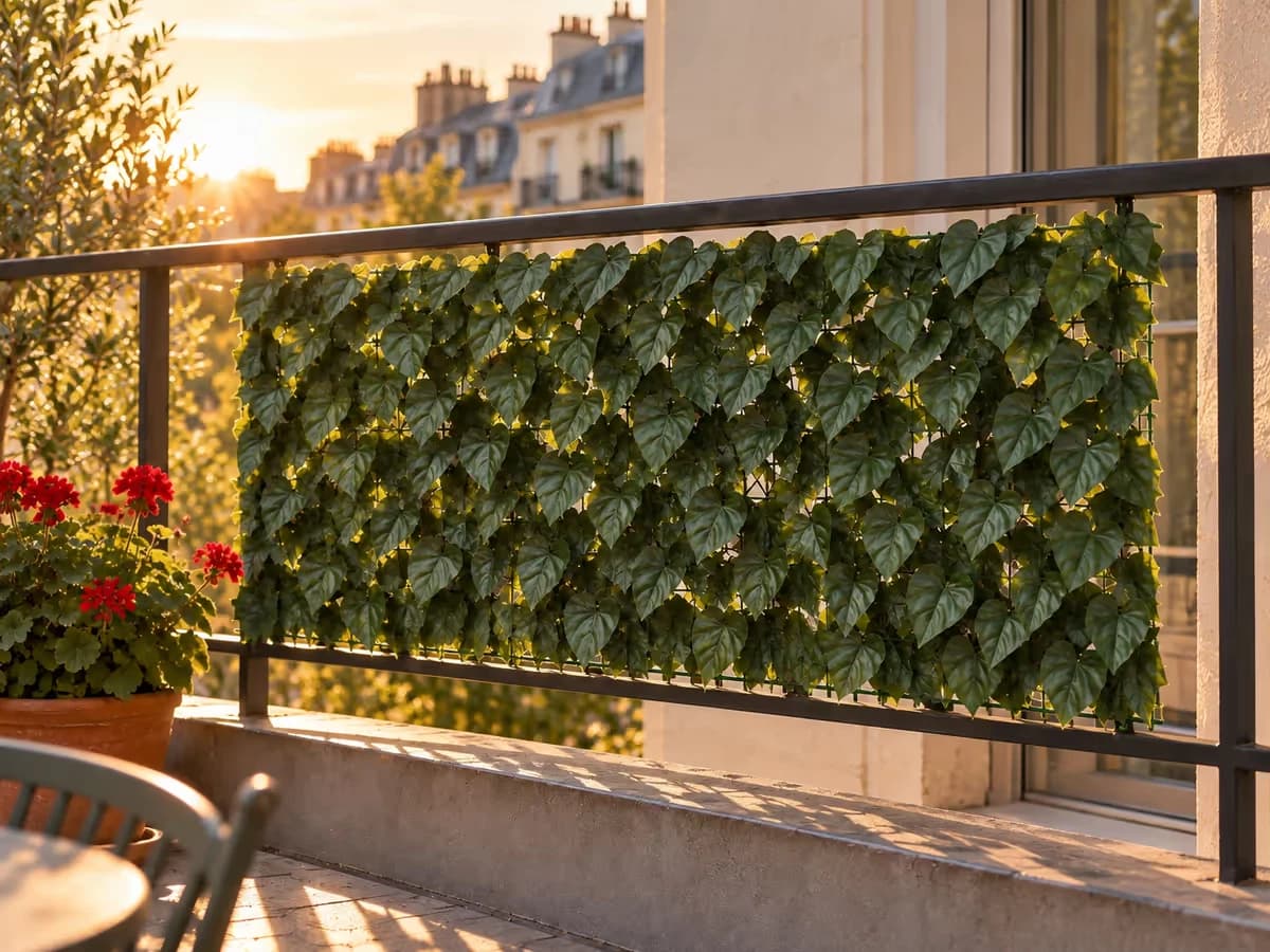 Panneau de feuillage artificiel vu à contre-jour sur un balcon, le filet vert laissant deviner un mur clair derrière