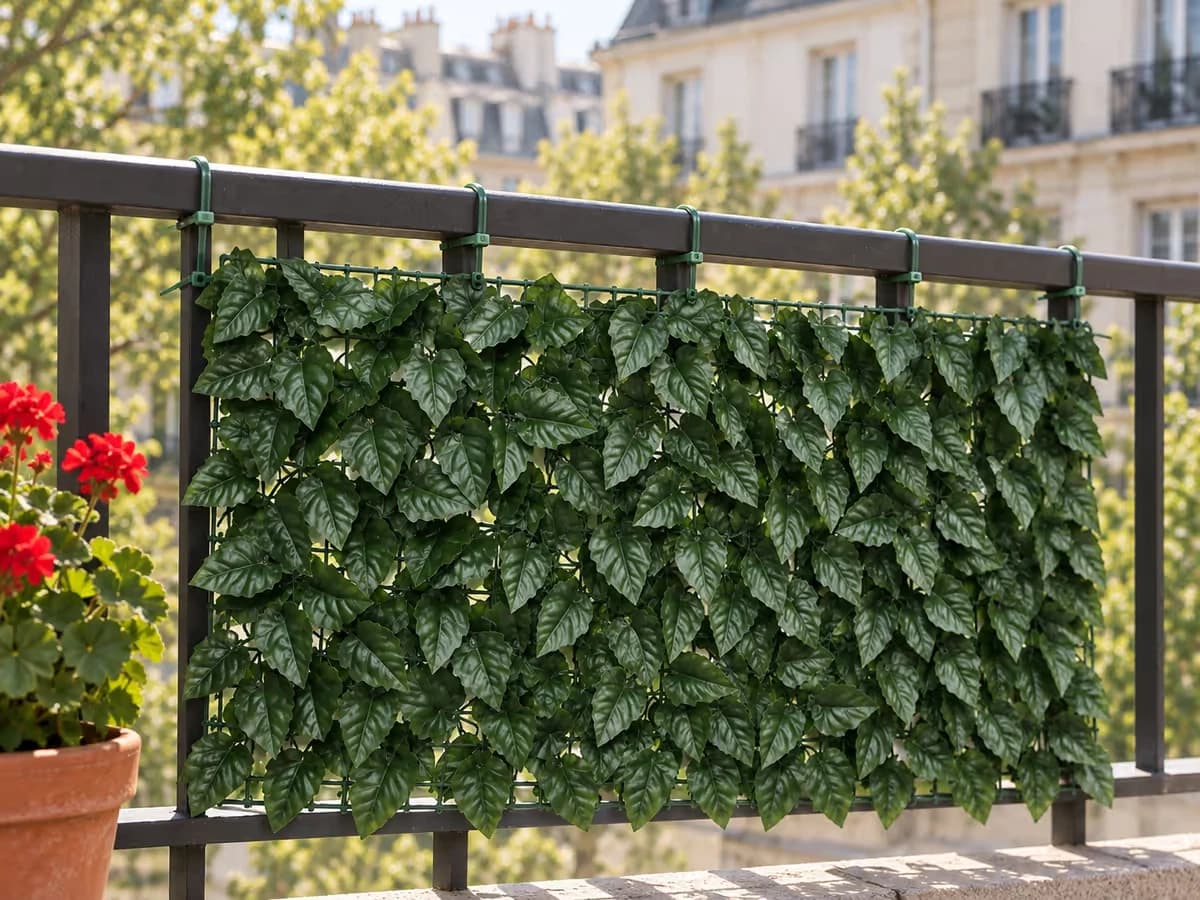 Panneau de feuillage artificiel vert foncé retenu à la main courante d'un garde-corps métallique, lumière du matin
