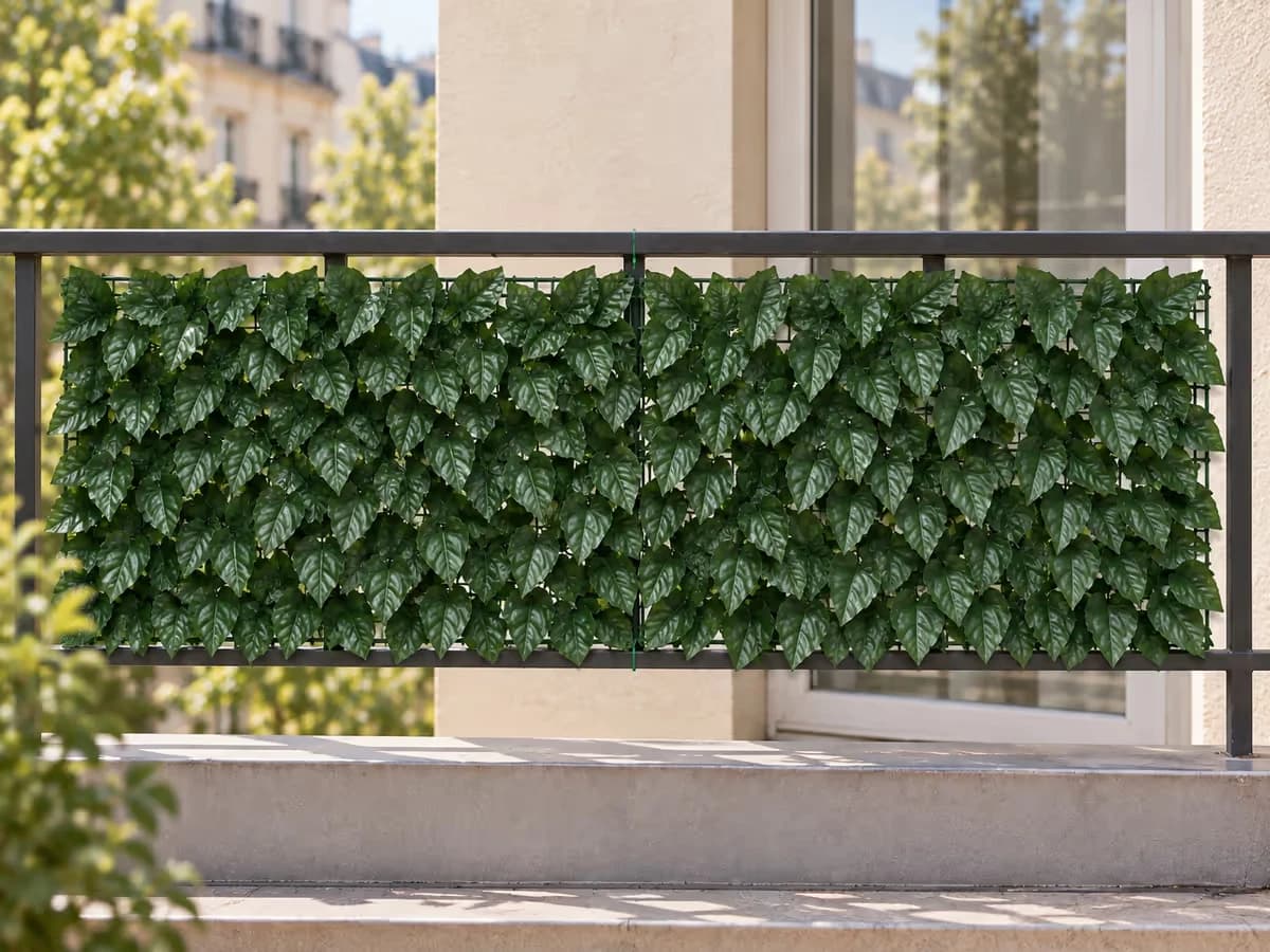 Deux panneaux de feuillage artificiel posés bord à bord sur la rambarde d'un balcon, filets verts au niveau du raccord