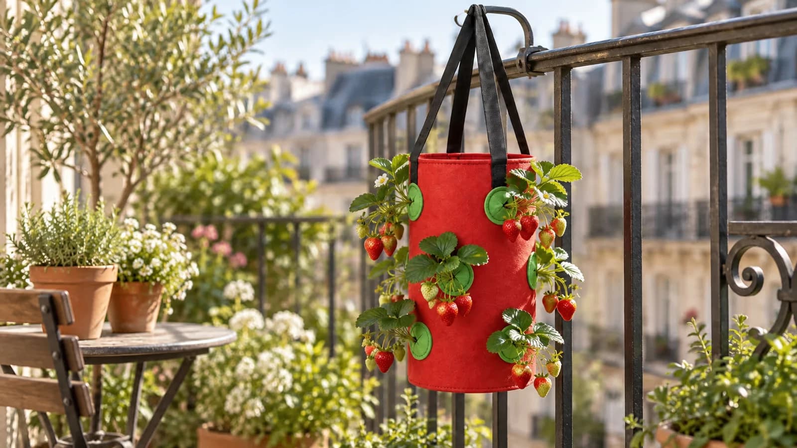 Sac de culture suspendu rouge à poches garnies de fraisiers, fraises mûres pendantes à l'extérieur des poches sur un balcon