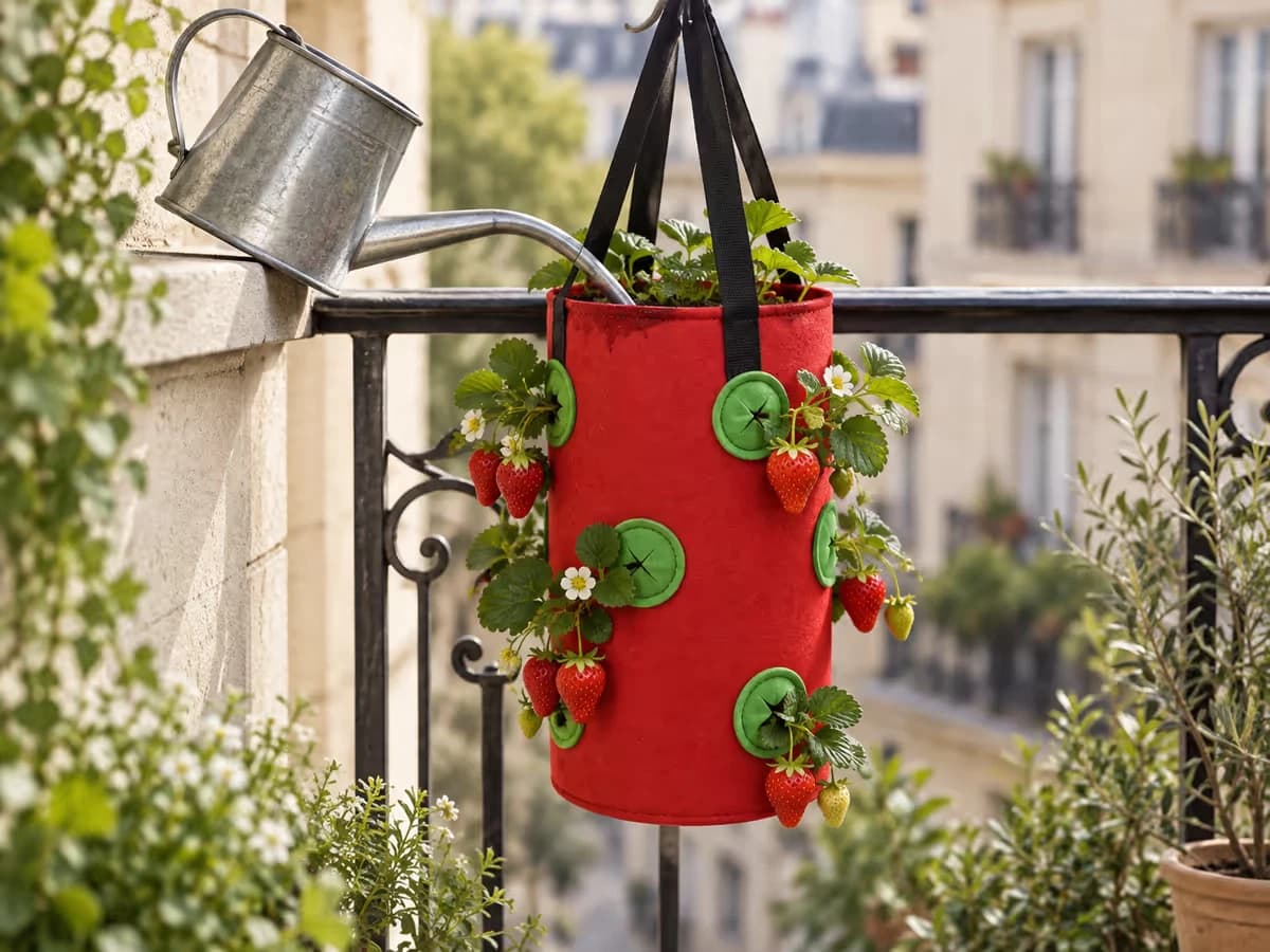 Arrosoir à bec fin versé au sommet d'un sac de culture suspendu en feutre rouge, fraises pendantes à l'écart du jet d'eau