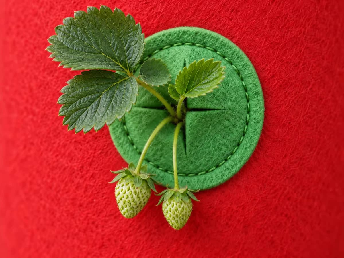 Gros plan sur une poche ronde à fente en croix d'un sac de culture suspendu rouge, un fraisier enraciné et deux fraises vertes pendantes
