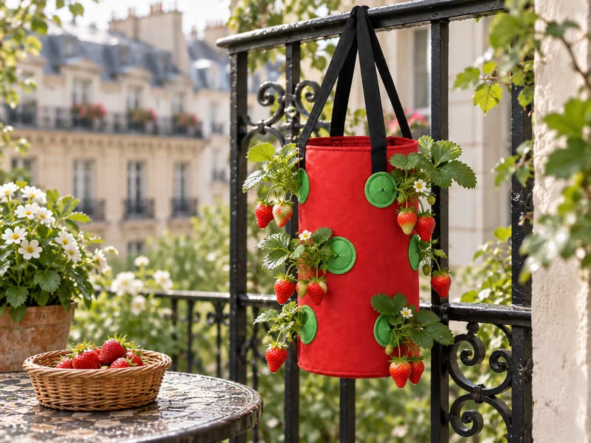 Fraises rouges mûres pendantes à l'extérieur des poches d'un sac de culture suspendu, cueillies dans un petit panier en osier