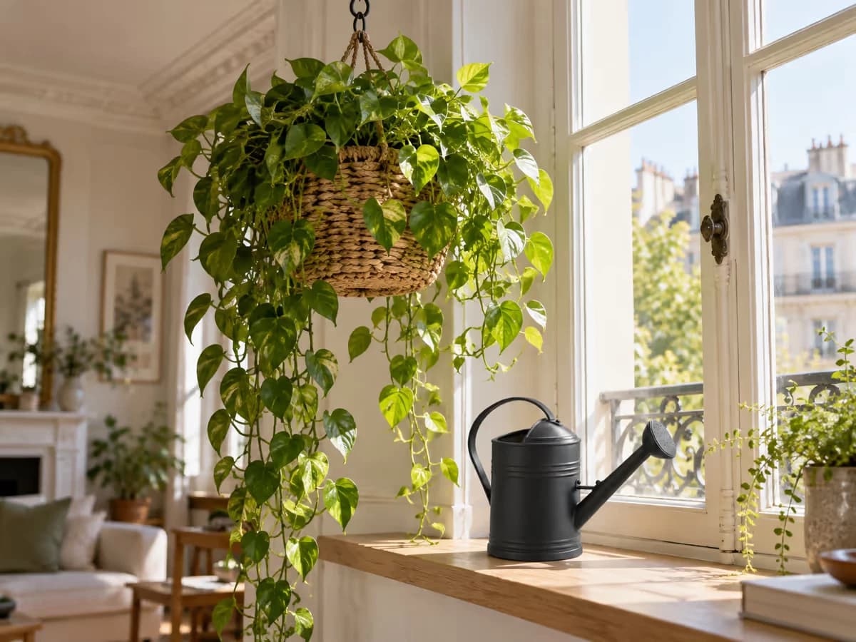Une plante tombante dans un pot suspendu près d'une fenêtre lumineuse