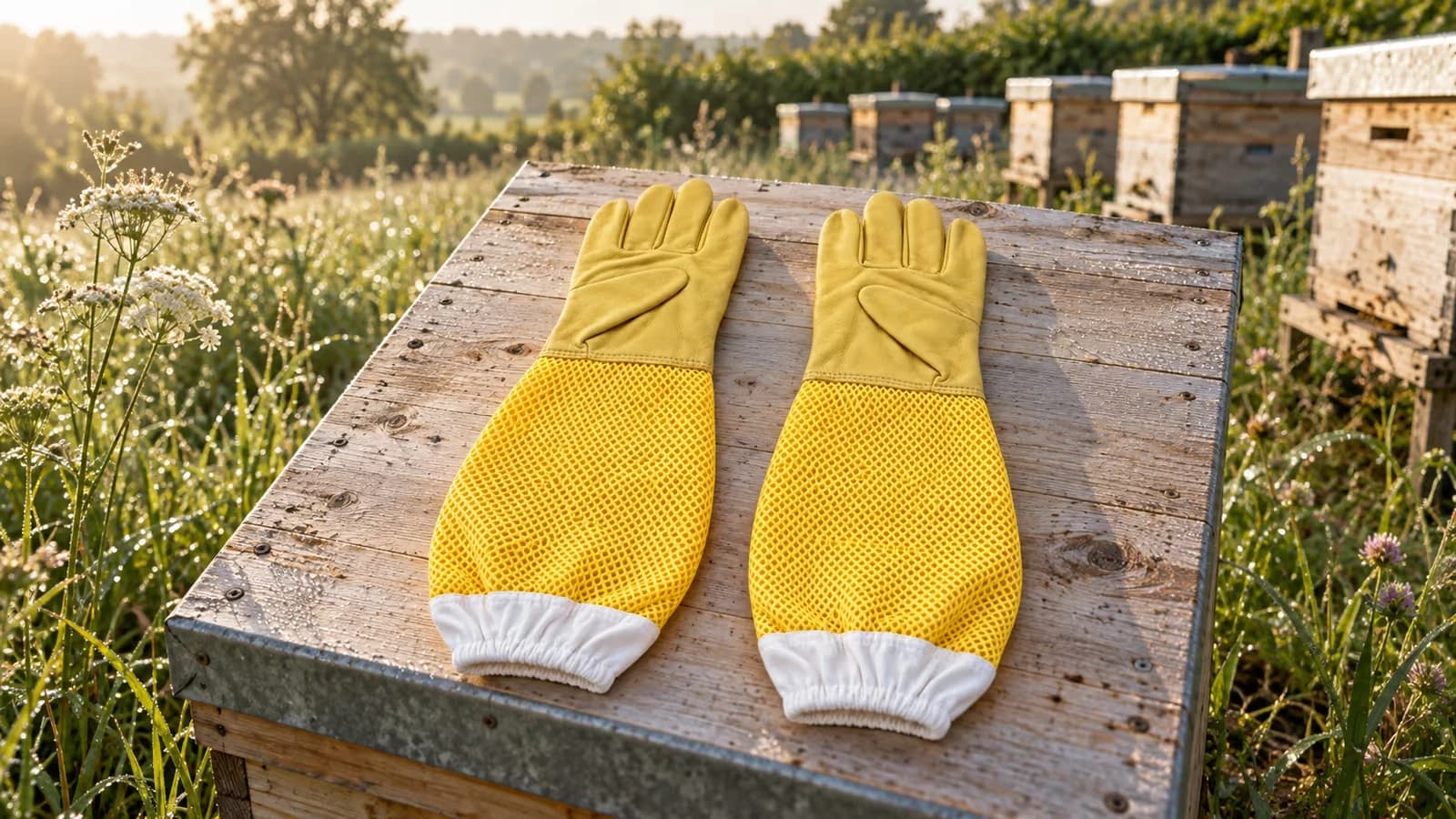 Paire de gants d'apiculteur jaunes à longs manchons en filet posée sur le toit d'une ruche en bois, dans un rucher au petit matin