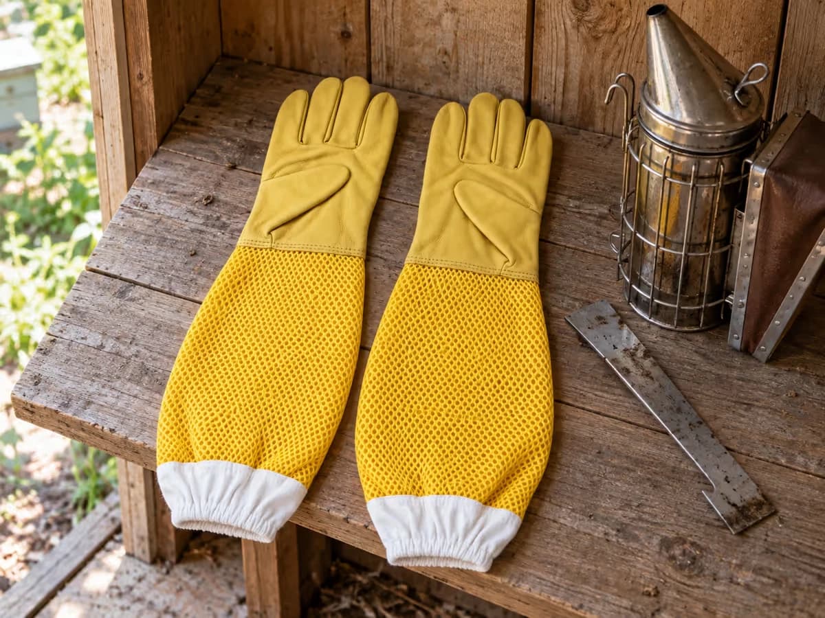 Paire de gants d'apiculteur à manchons en filet posée à plat sur l'étagère d'un cabanon, à côté d'un enfumoir et d'un lève-cadre