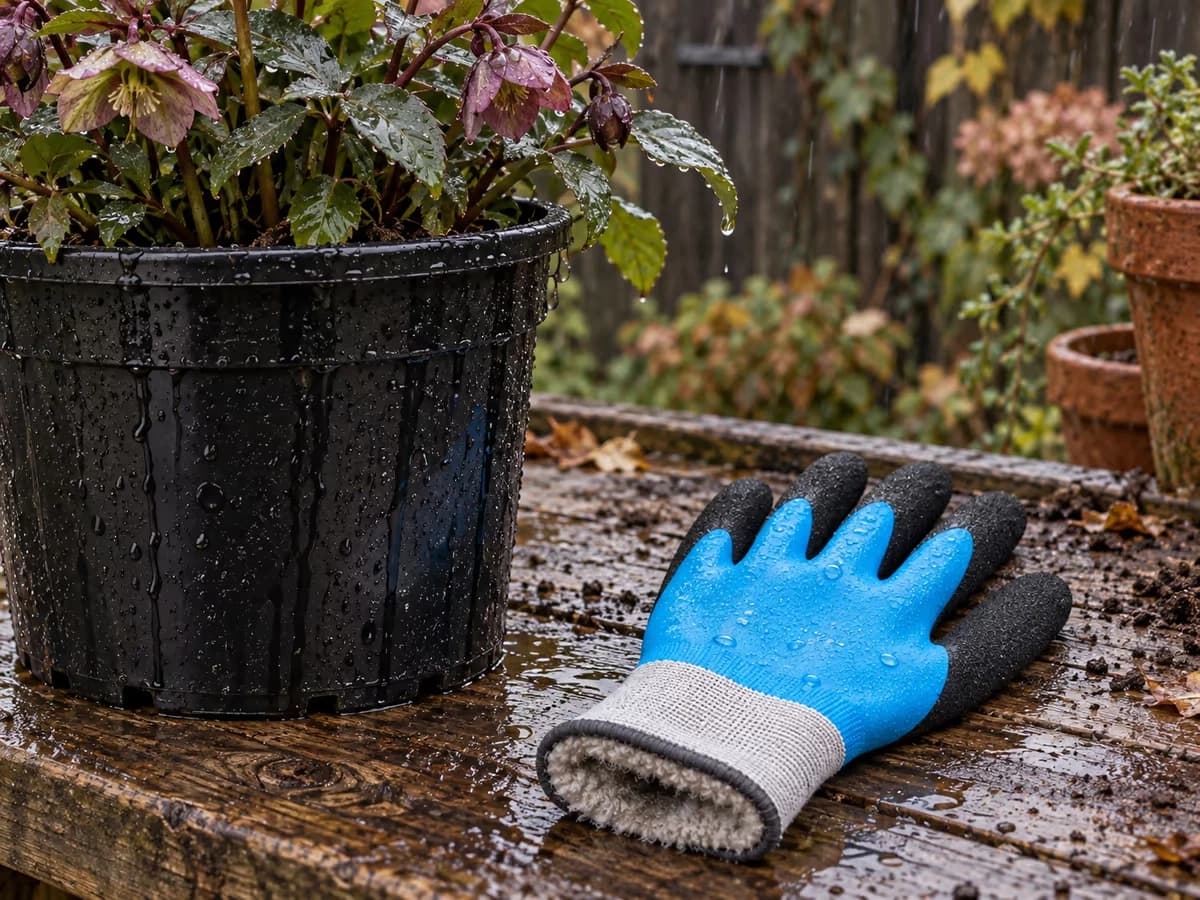 Gant de jardinage bleu imperméable posé près d'un pot noir ruisselant sous une pluie fine
