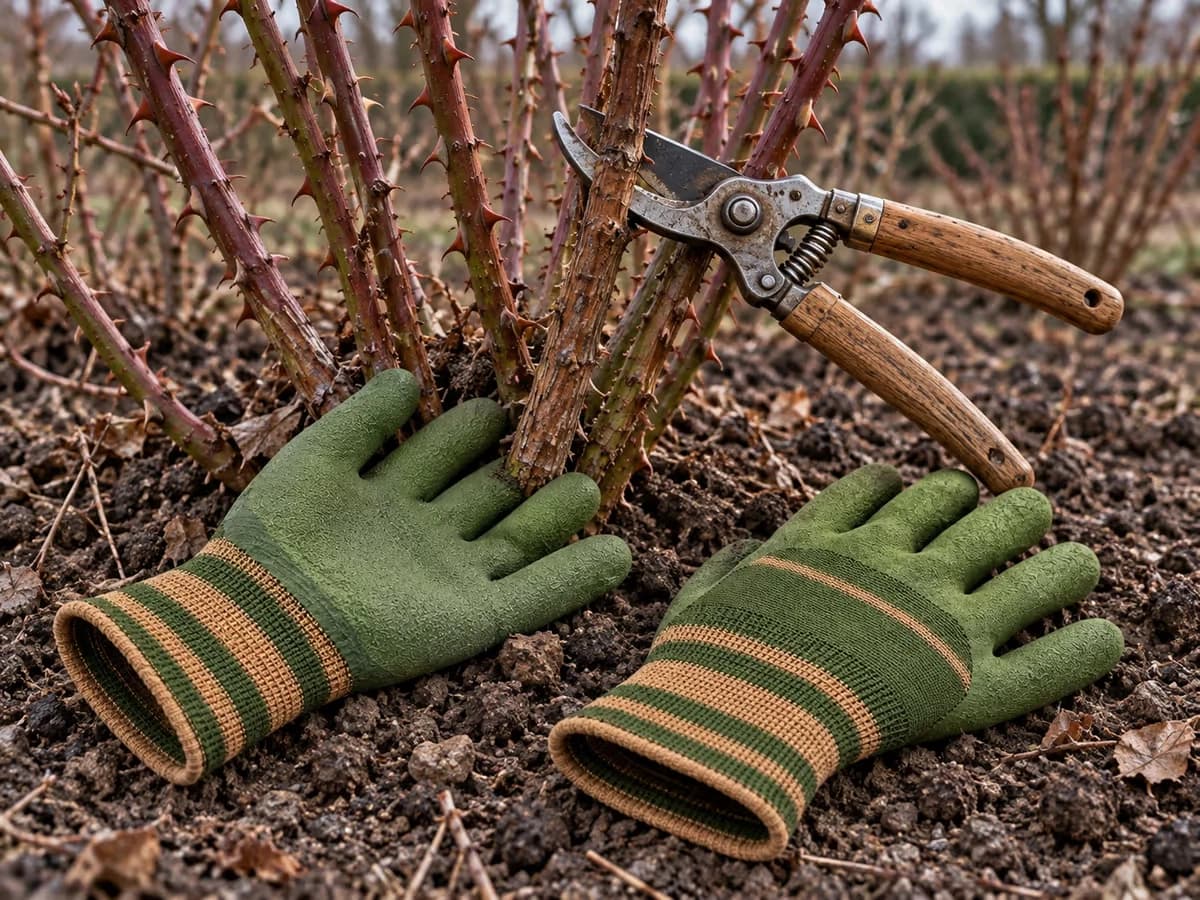 Sécateur manuel à manches en bois dont les lames entourent une tige de rosier épineuse, paire de gants de jardinage posée sur la terre à côté