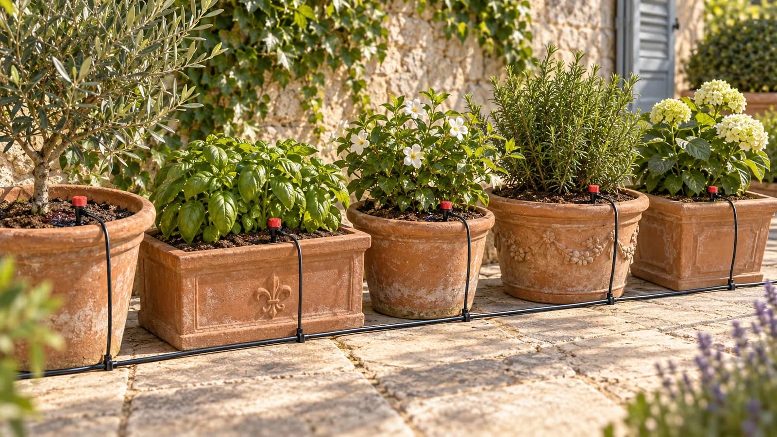 Ligne de micro-irrigation noire courant devant des jardinières de terrasse, goutteurs rouges sur piquets plantés dans le terreau au pied des plants