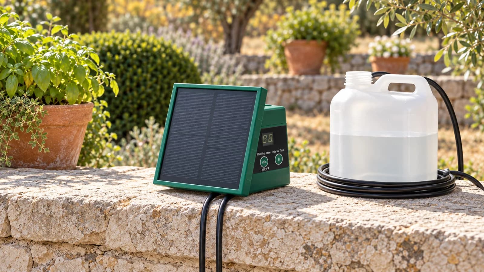 Bloc de commande vert à écran posé sur une margelle, bidon d'eau et tuyau noir à côté, petit panneau solaire au soleil