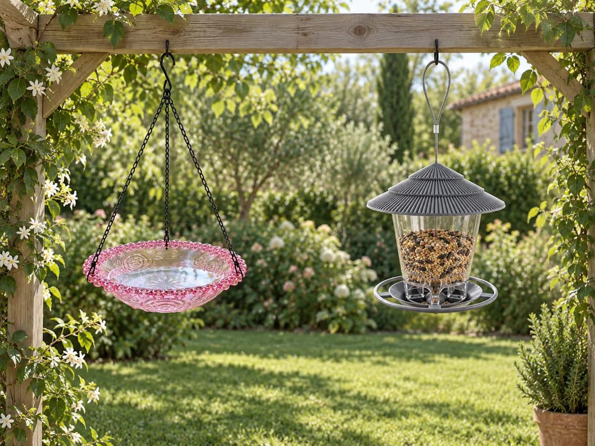 Pergola en bois portant à quelques pas d'écart une coupelle d'eau translucide suspendue et une mangeoire à toit, feuillage clair en arrière-plan