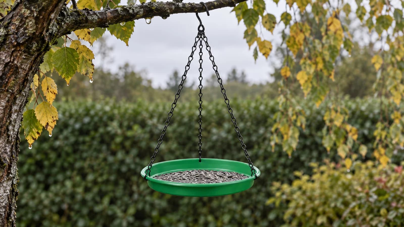 Plateau rond de mangeoire suspendu par trois chaînes sous une branche, graines étalées en couche mince après la pluie