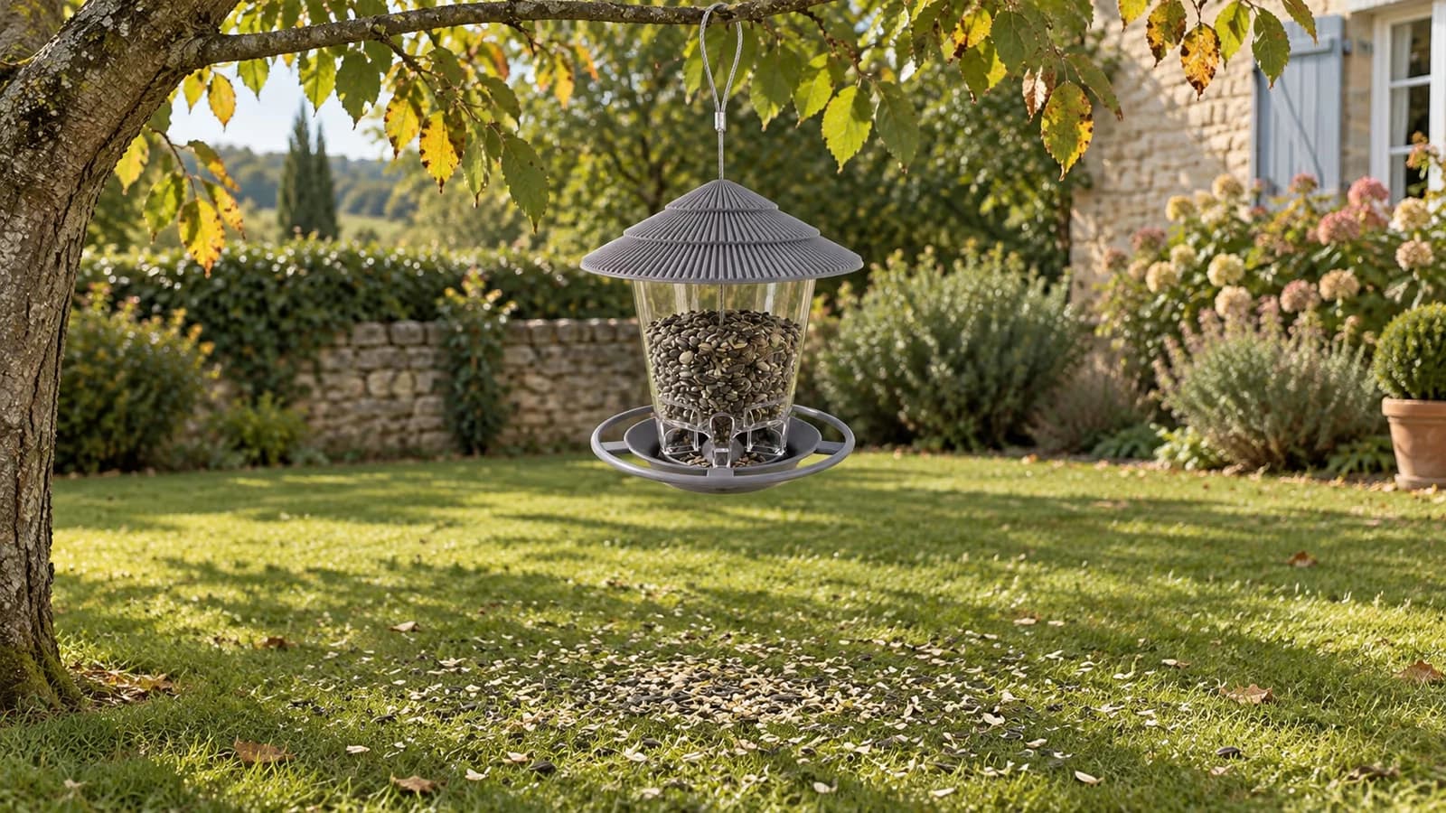 Mangeoire à oiseaux suspendue à réservoir transparent dans un jardin français, coques et graines dispersées sur la pelouse en dessous