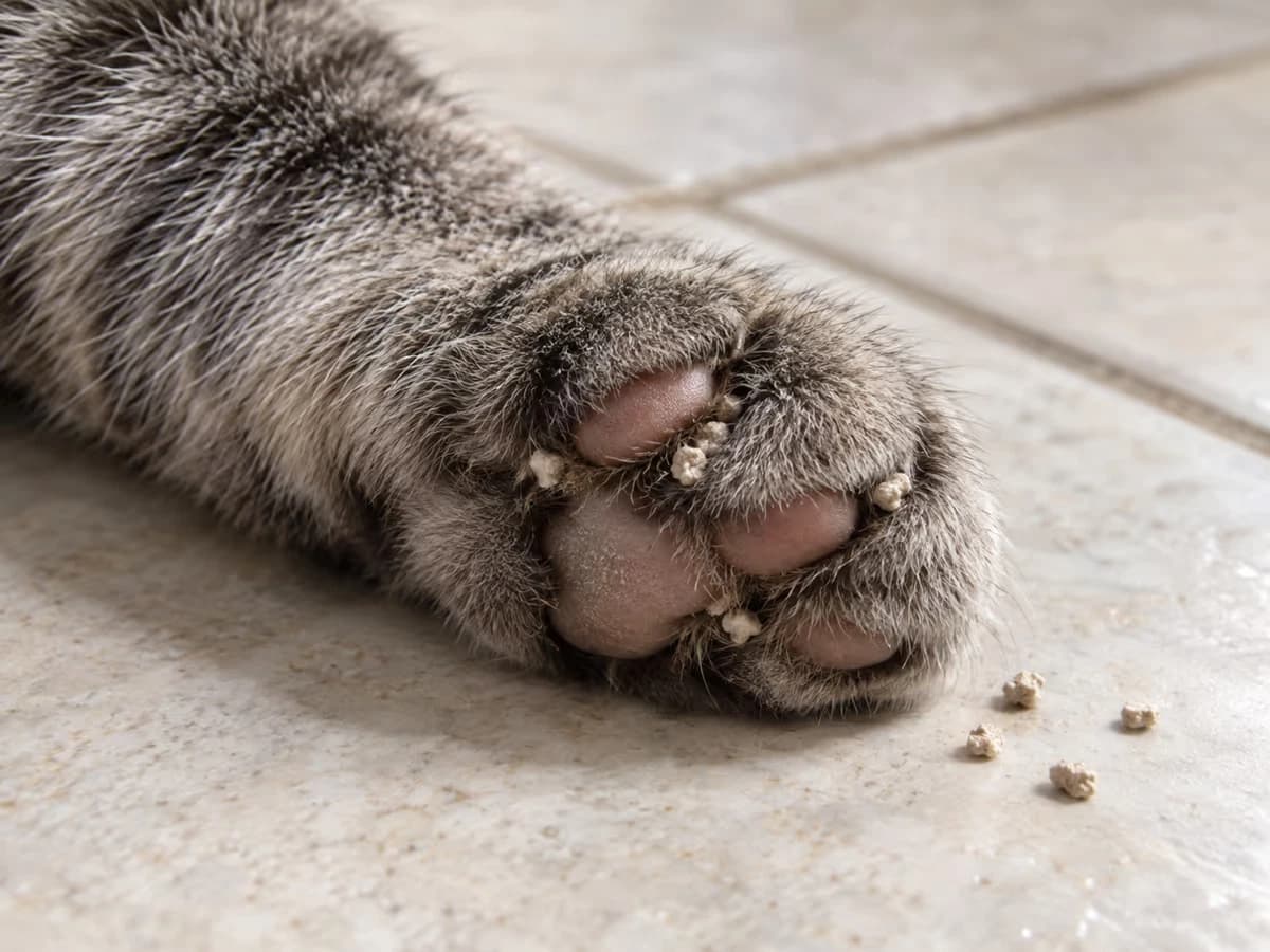 Patte de chat posée sur un carrelage clair, grains de litière d'argile visibles entre les coussinets et à proximité immédiate