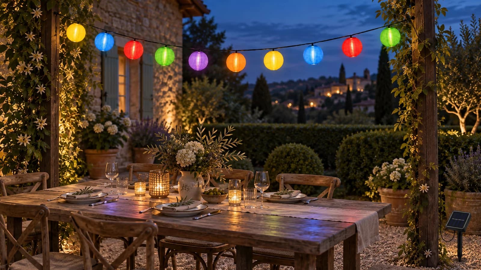 Guirlande solaire de dix lanternes de tissu colorées suspendue au-dessus d'une longue table de jardin en bois