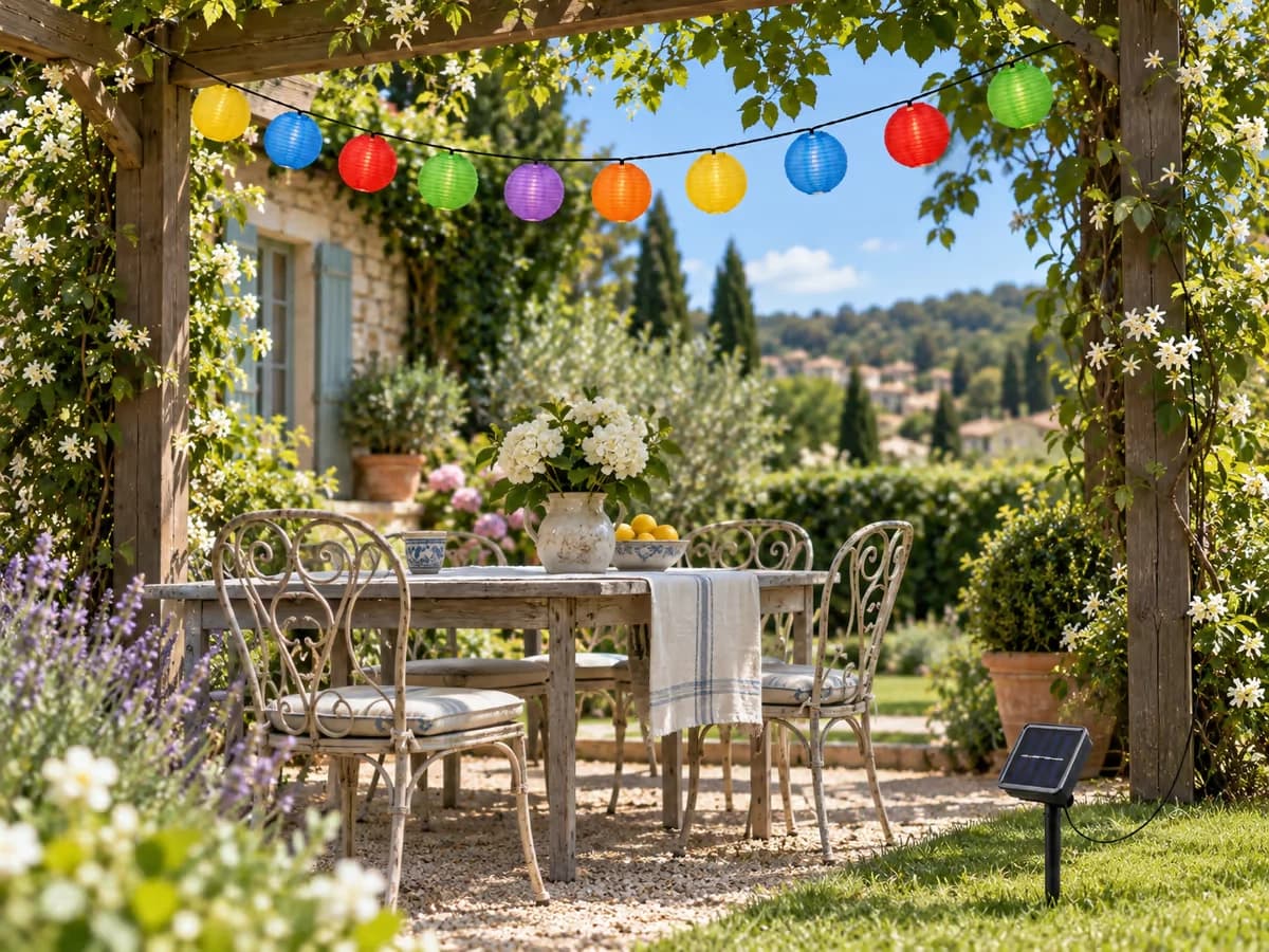 Le panneau solaire planté dans la pelouse au soleil, tandis que le câble court vers la table située à l'ombre d'une pergola en bois