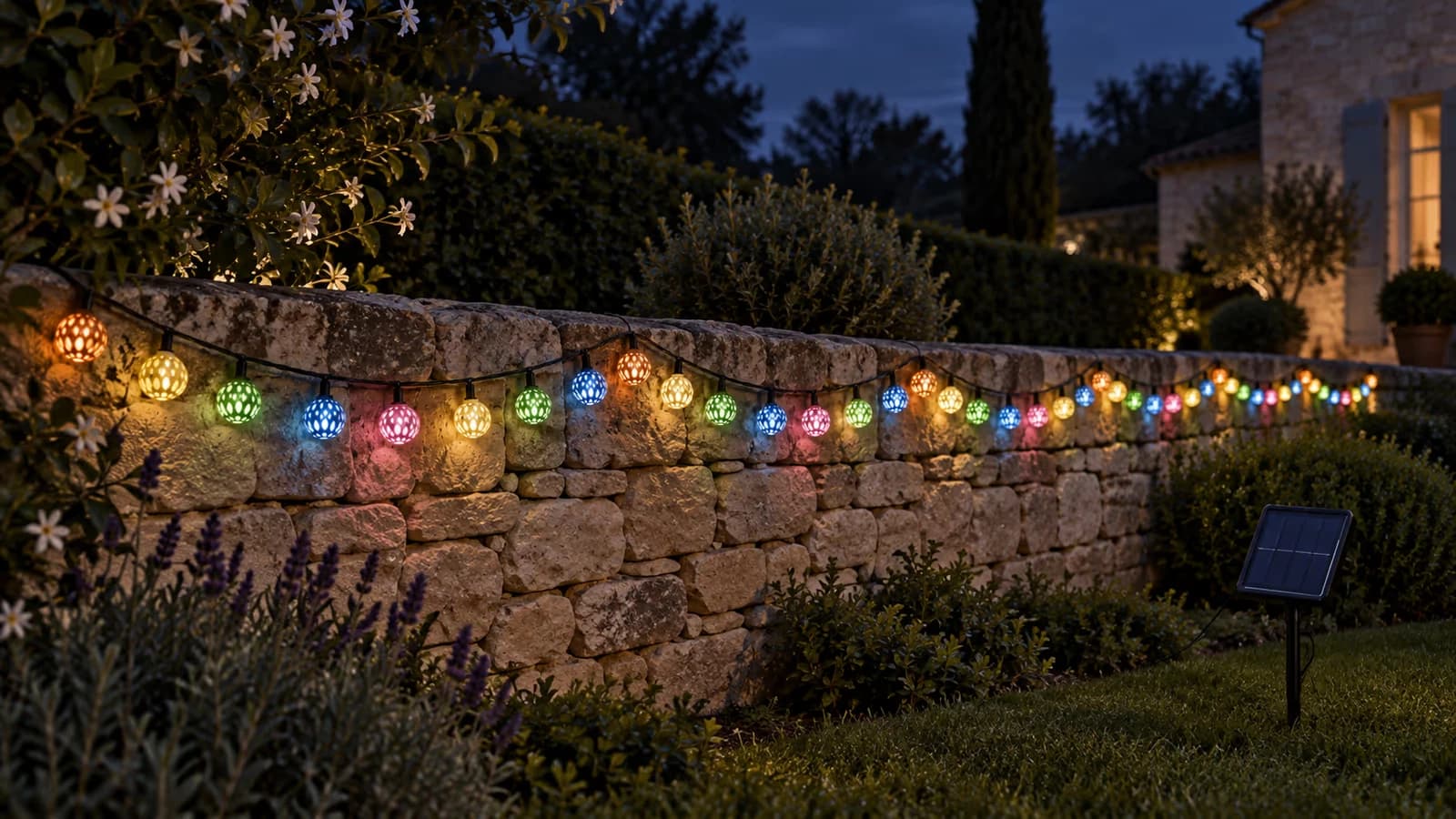 Guirlande solaire multicolore à boules ajourées allumée de nuit sur un petit muret en pierre