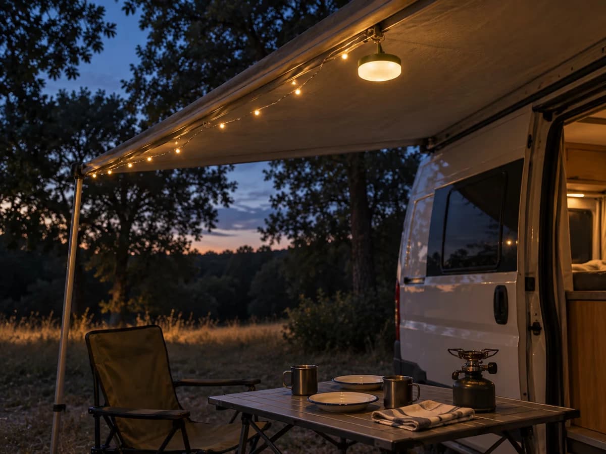 Guirlande solaire allumée sous l'auvent d'un van au crépuscule, table de camping dressée et lisière de forêt en arrière-plan