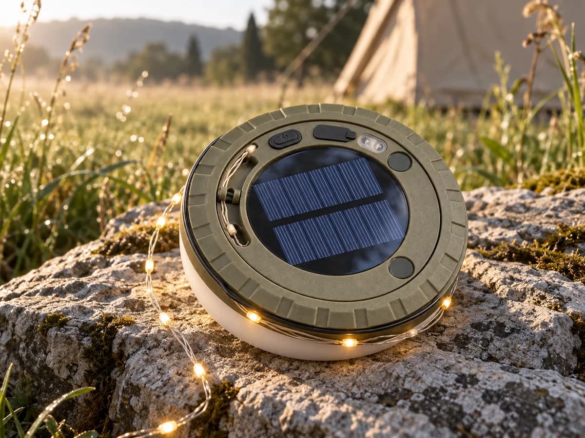 Lampe de camping ronde posée sur une pierre sèche devant une tente, face arrière au ciel, dans la lumière rasante du matin
