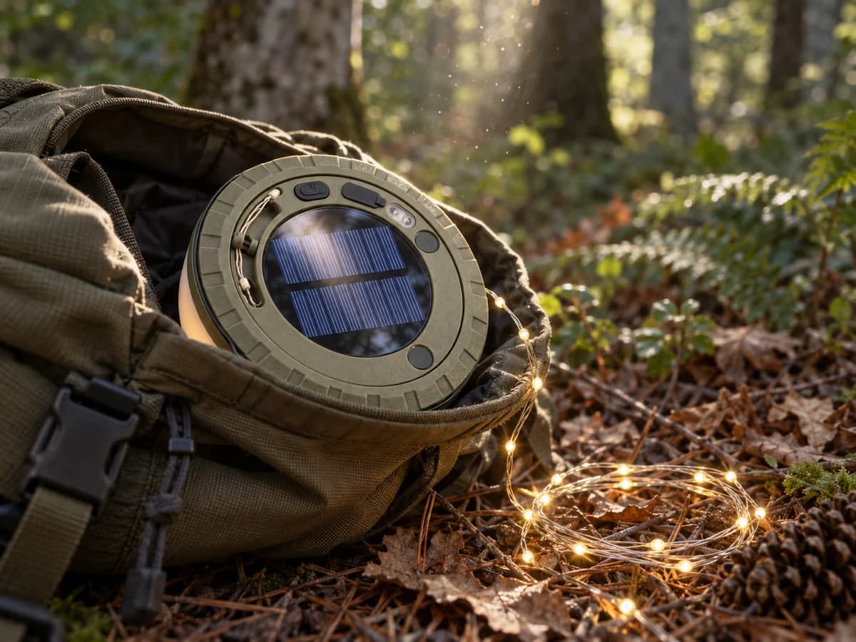 Lampe de camping ronde sortie à moitié d'un sac de randonnée, panneau du dos tourné vers un rai de soleil entre des arbres