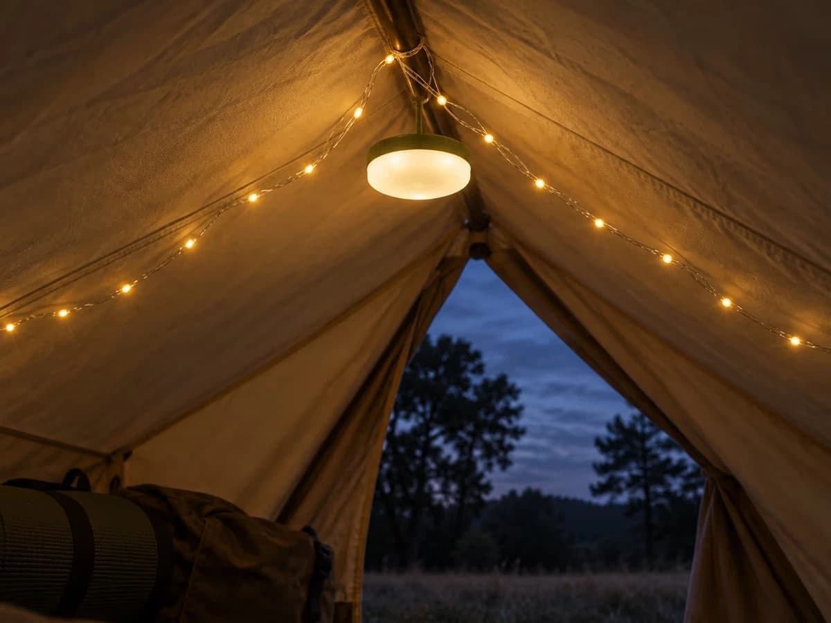 Guirlande lumineuse blanc chaud suspendue en éventail sous le plafond d'une tente au crépuscule, boîtier lumineux au centre