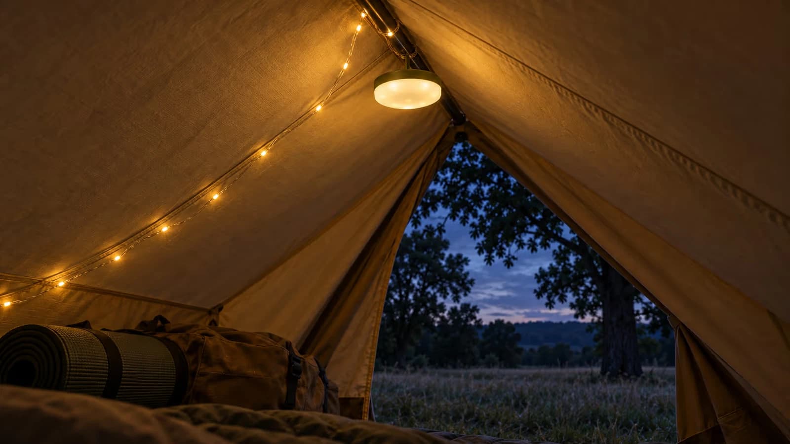 Tente montée sous un noyer au crépuscule, boîtier lumineux suspendu à l'arceau et fil blanc chaud déroulé vers les couchages