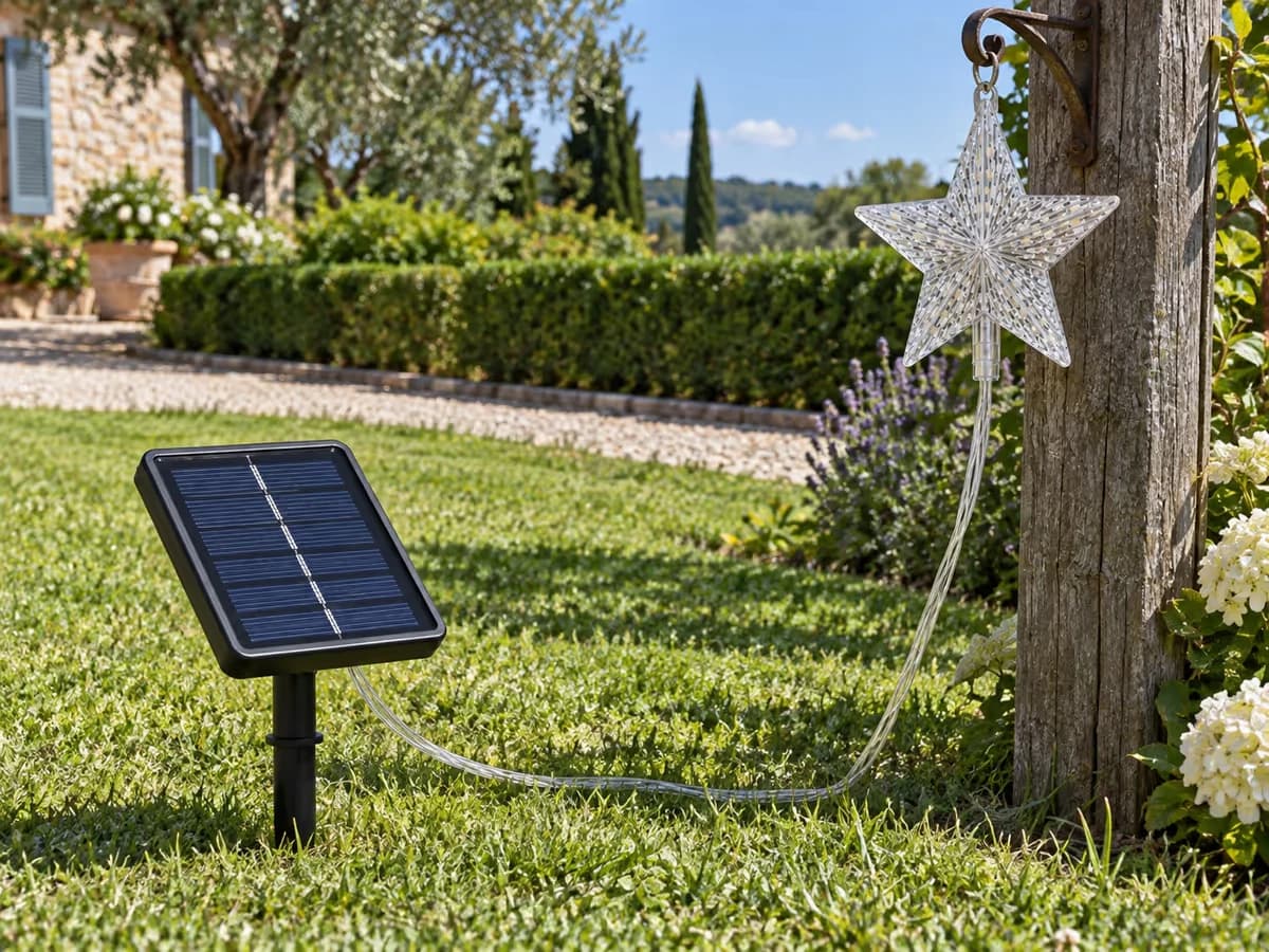 Panneau solaire incliné sur son piquet planté dans une pelouse dégagée, cordon rejoignant plus loin l'étoile suspendue