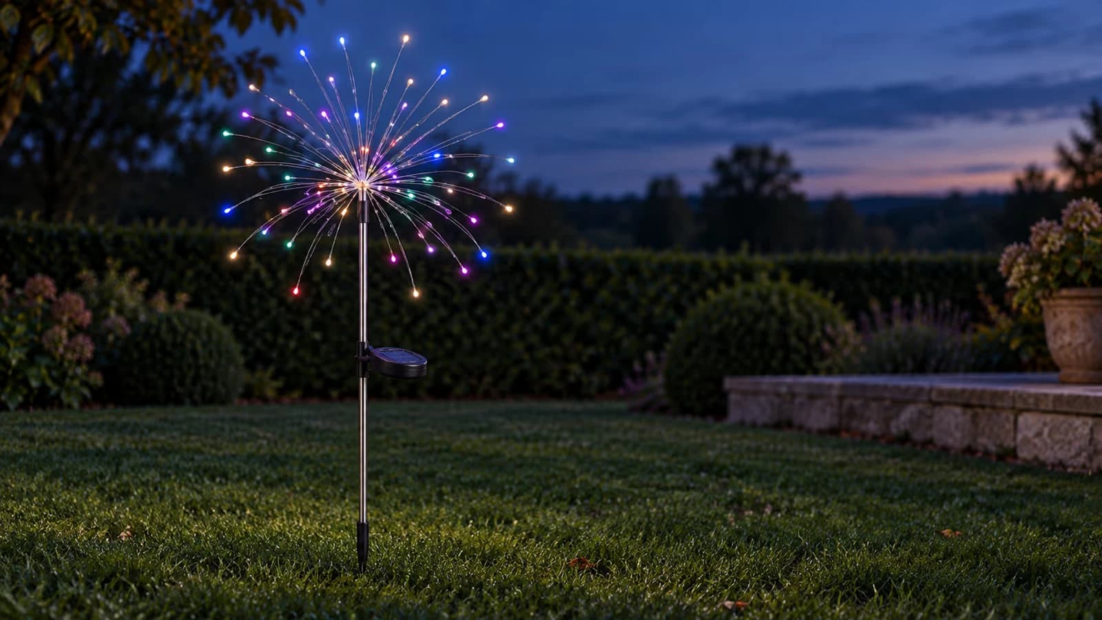 Bouquet solaire à brins fins planté dans une pelouse française, allumé à la tombée du jour, brins ouverts en corolle