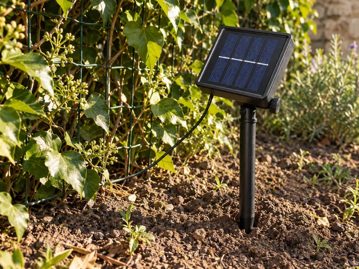 Panneau solaire carré sur piquet planté dans un carré de terre au pied d'un grillage, tête inclinée vers le soleil, feuillage en ombre derrière