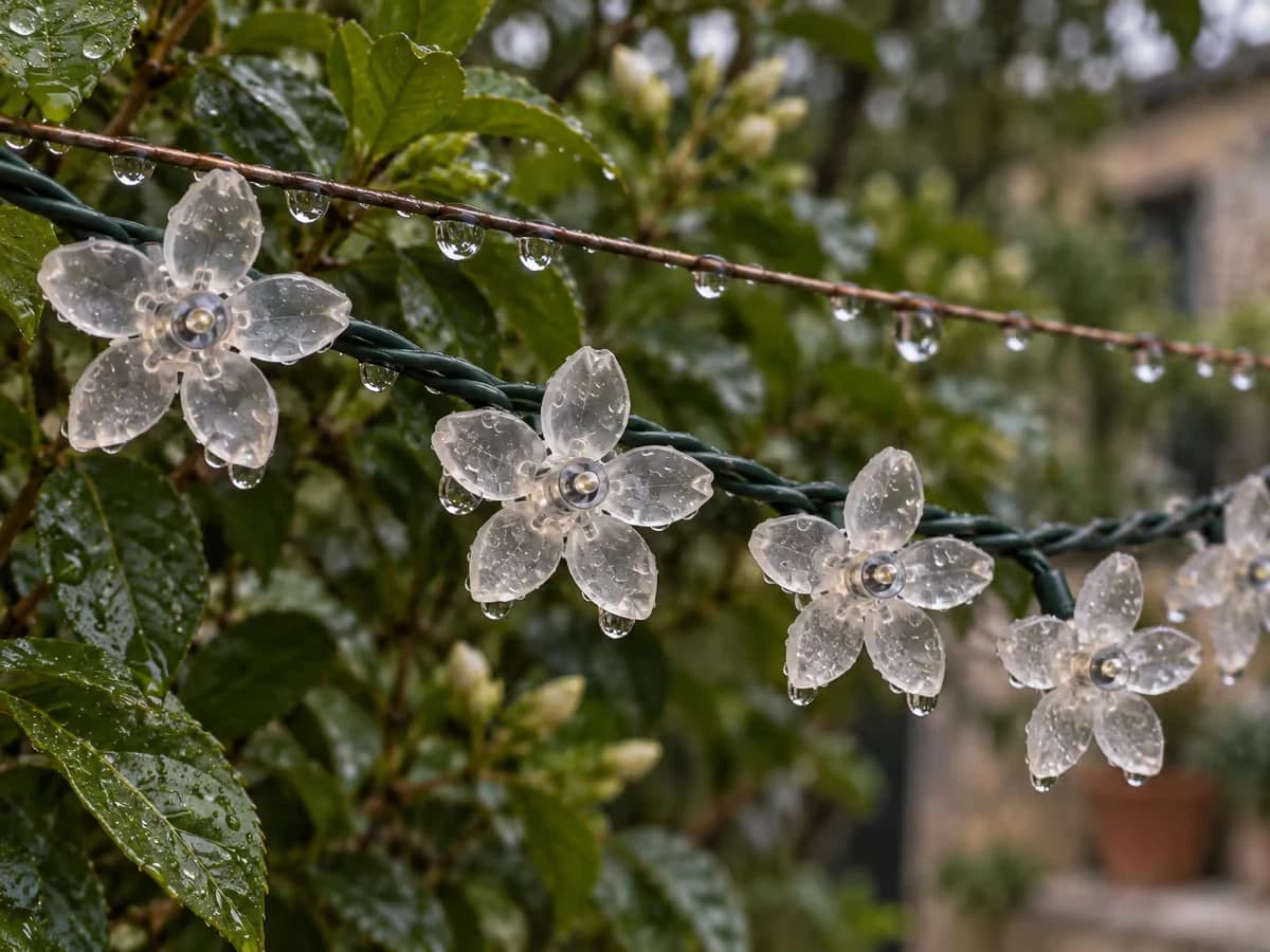 Rameau de fleurs lumineuses translucides perlées de gouttes de pluie le long d'un filin tendu, feuillage flou derrière, lumière de fin de journée
