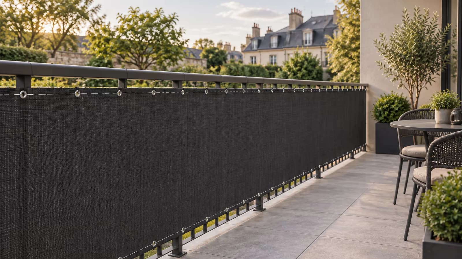 Paravent anthracite de quatre mètres déployé sur le garde-corps d'une terrasse, bord haut au niveau de la main courante, jardin voisin derrière