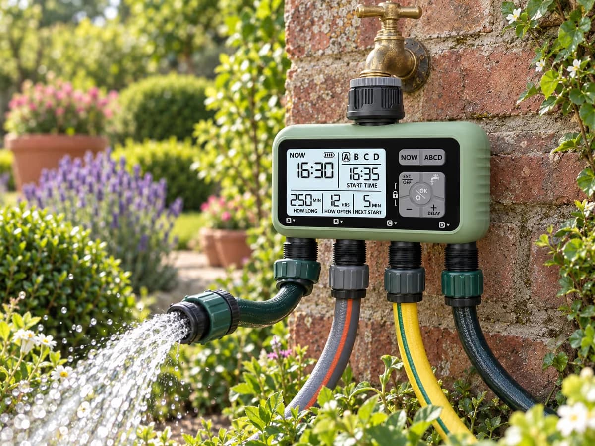 Programmateur d'arrosage quatre voies revissé sur un robinet de jardin, quatre tuyaux branchés, essai d'eau au premier plan
