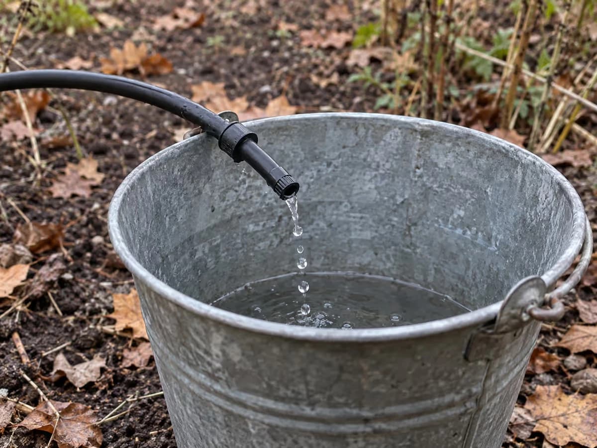 Extrémité de ligne de goutte-à-goutte ouverte au-dessus d'un seau, l'eau s'écoulant goutte à goutte, feuilles mortes autour