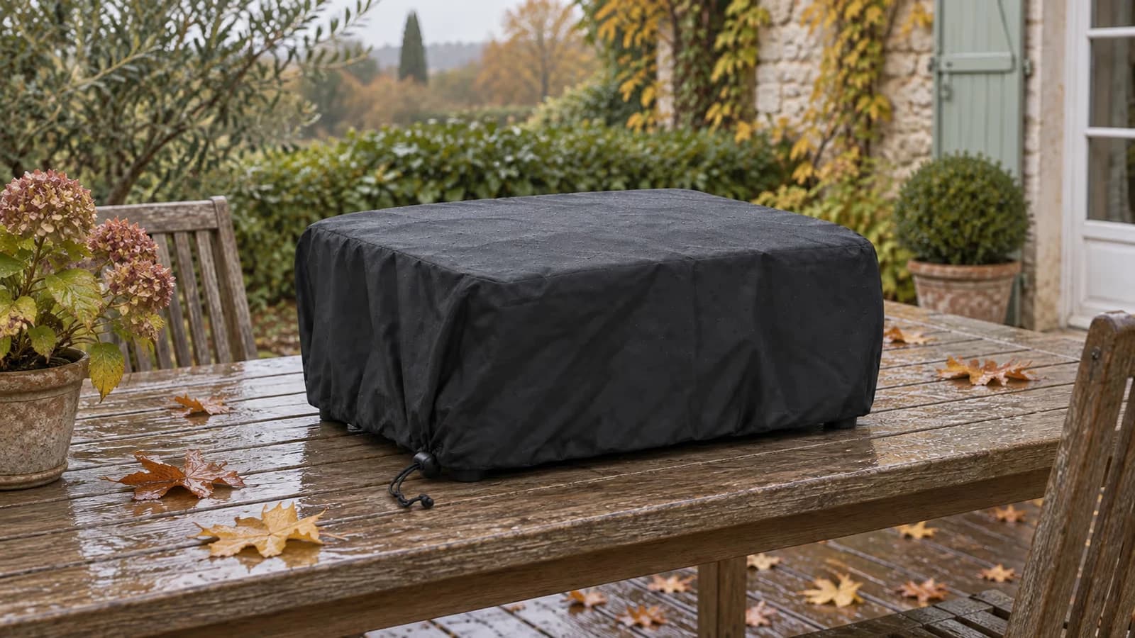 Housse noire resserrée par son cordon sur une plancha de table, terrasse d'automne humide