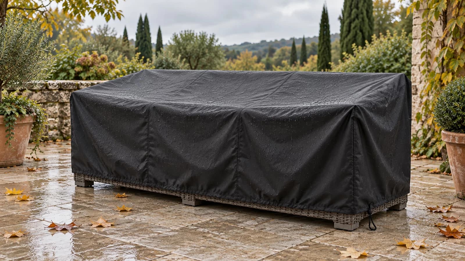 Housse noire à cordon déployée sur un salon de jardin en résine tressée, terrasse en dalles claires après une averse d'automne