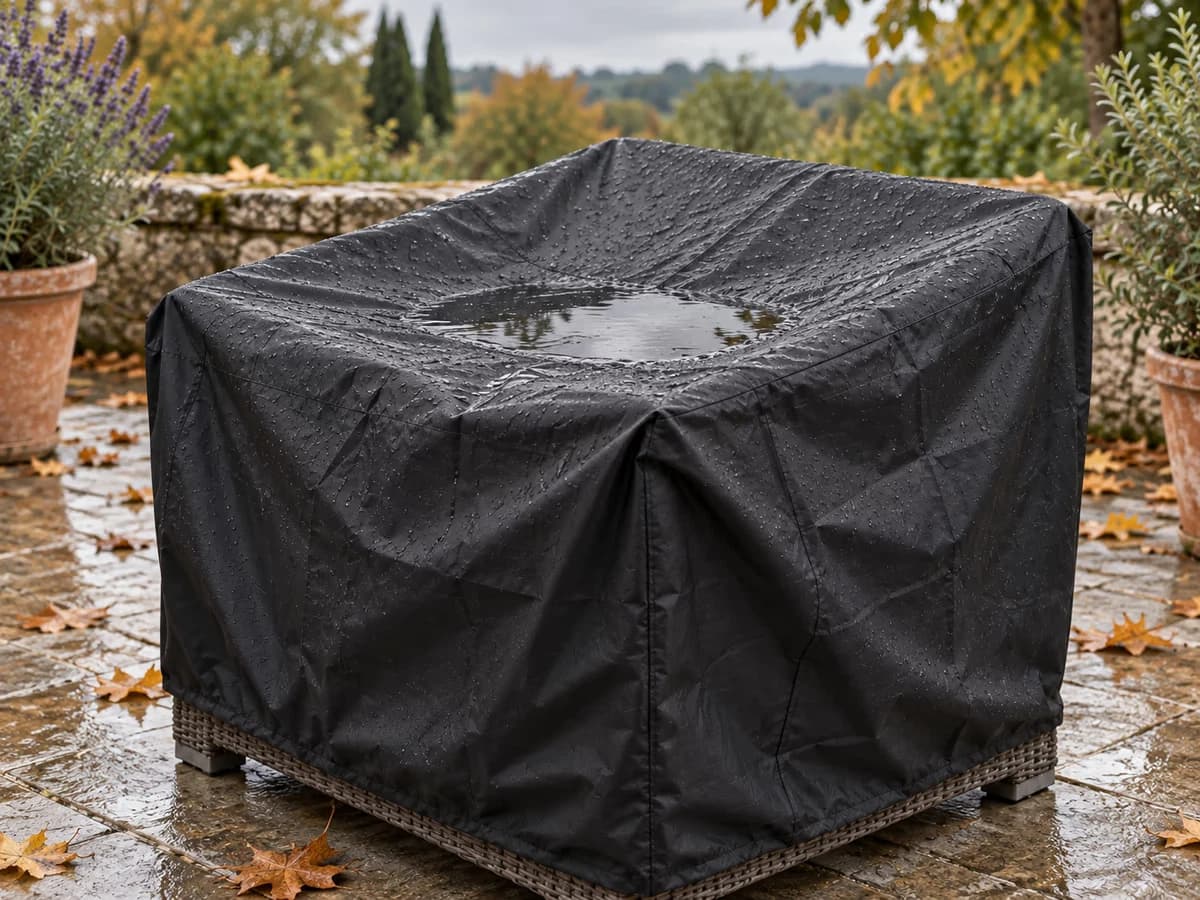 Flaque d'eau retenue dans le creux d'une housse noire tendue sur un salon de jardin en résine tressée, terrasse après une averse d'automne